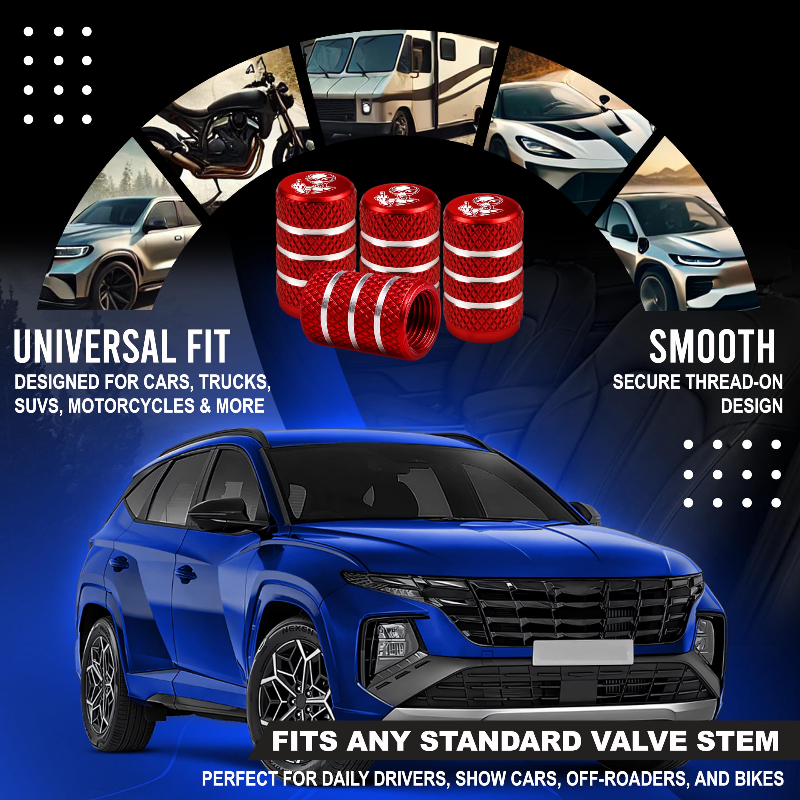 Alien - Juego de 4 tapas de válvula de neumático de aluminio anodizado, resistentes a la corrosión, cubiertas universales para automóviles, camiones, motocicletas, SUV y bicicletas, color rojo
