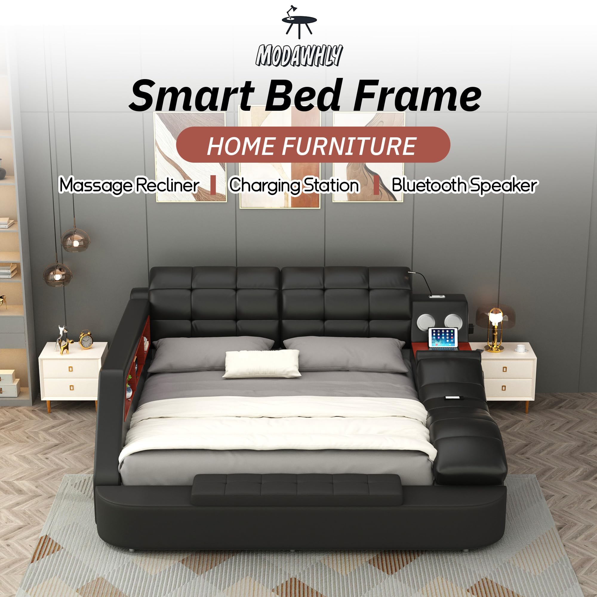 Telaio per letto matrimoniale multifunzione, nero di lusso, con chaise longue massaggiante a destra, letto moderno con altoparlanti Bluetooth e stazione di ricarica USB per camera da letto