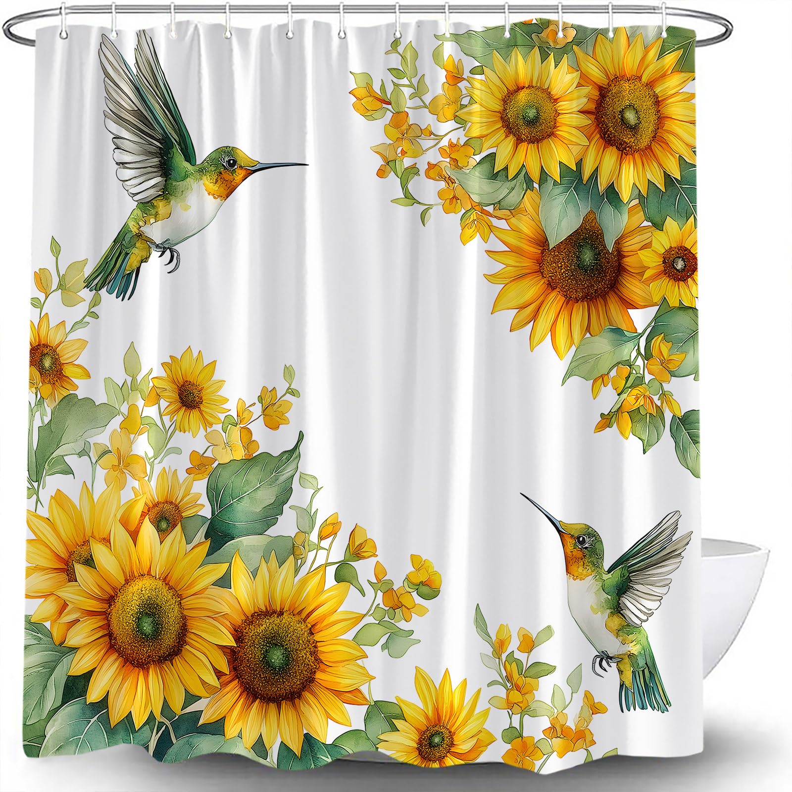 Rustic Sunflower Shower Curtain Watercolor Yellow Floral Hummingbird Farmhouse Flower Leaves Green Plant Nature Garden Botanical Country Bath Curtain
