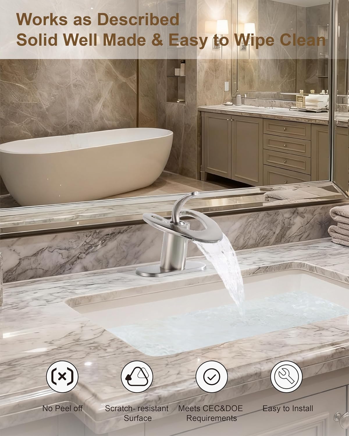 Brushed Nickel Bathroom Faucet, Waterfall Single Handle Bathroom Faucets, Unique Single Hole Faucet with Deck Plate for 3 Hole Bathroom Sink - Image 4