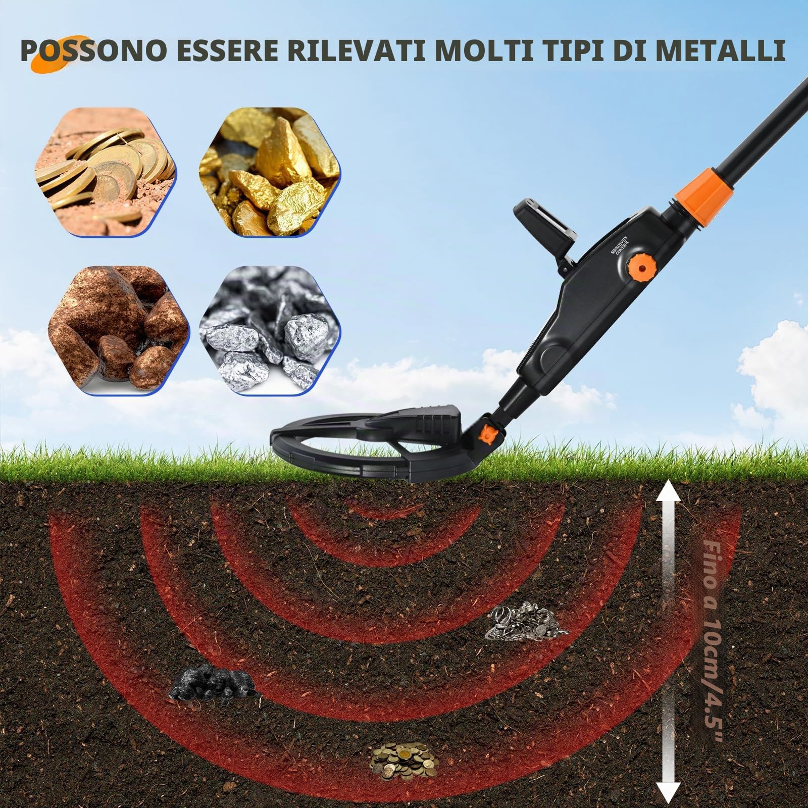 Metal Detector Bambini, Metal Detector per Bambini con Display LCD e Indicazione SUONO,ad alta Precisione con Bobina di Ricerca Impermeabile IP68, per Bambini o Principianti(Con Accessori)