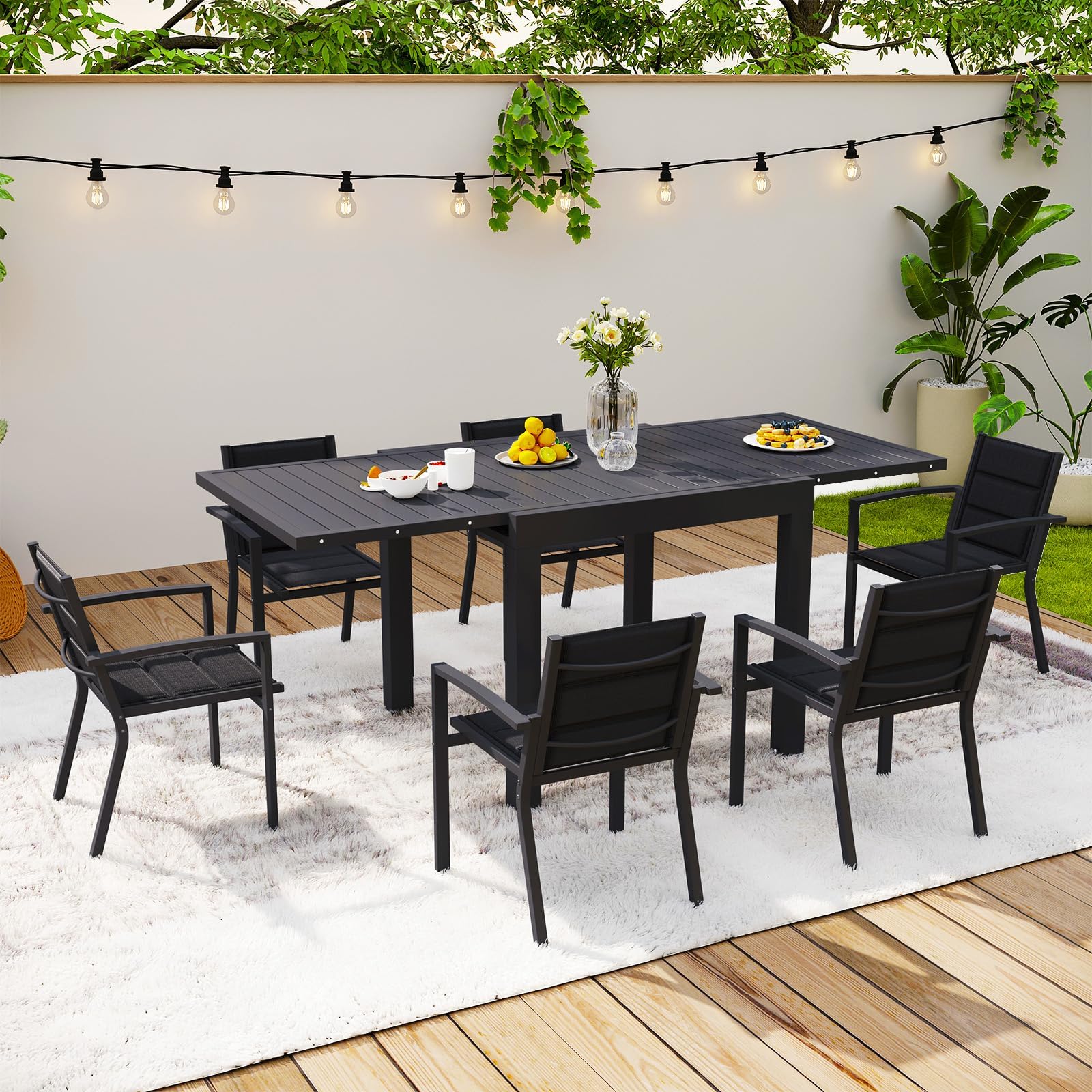 Devoko Gartenmöbel Set 6 Personen,6+1 Aluminium Tisch und Stühle Set Balkonmöbel, 6 Stapelbare Gartenstühle und 1 80/160 cm Dehnbarer Gartentisch,Terassen möbelsets außen Lounge, Dunkelgrau