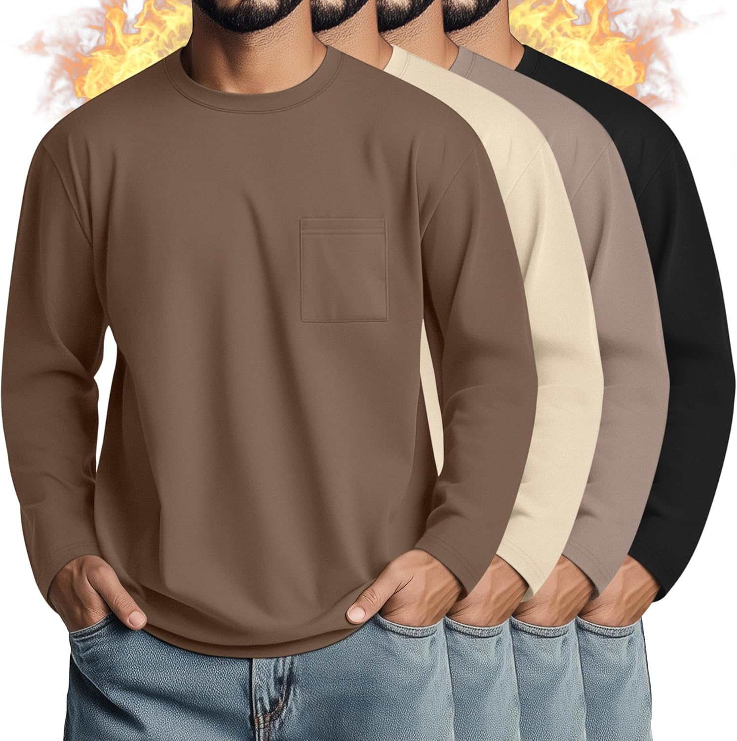 4 Pack Men's Big and Tall Thermal Shirts Fleece Lined Long Sleeve Underwear Top Cre...