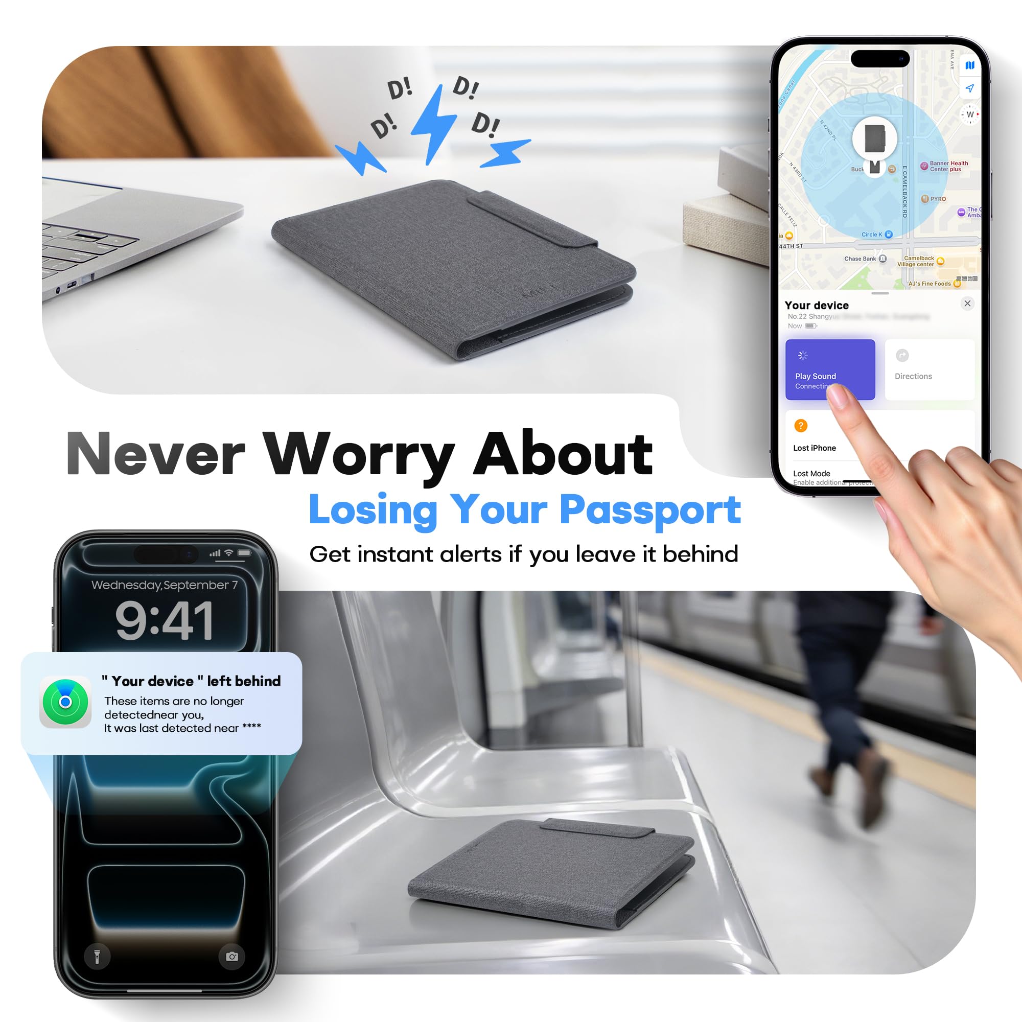 MiLi Custodia per passaporto con Apple Dov’è & Google Funzioni Trova, Tracker intelligente con tracciamento posizione, protezione RFID e ricarica wireless, accessorio da viaggio – Nero