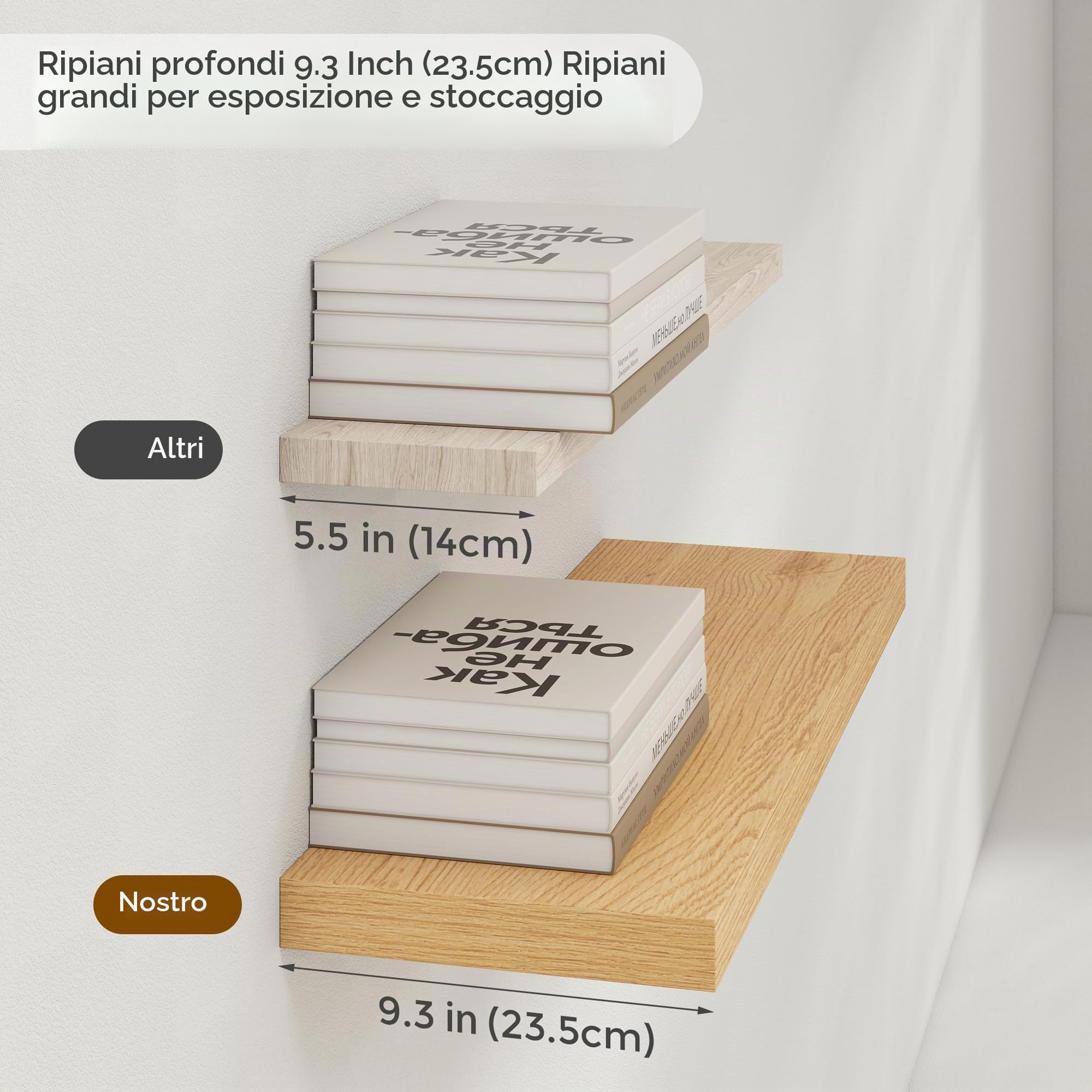 Set di 2 mensole galleggianti da parete, lunghe 90 cm, mensole da parete in legno rustico, grandi mensole da parete con staffe invisibili, per libri, soggiorno, camera da letto, ufficio, 91 cm di