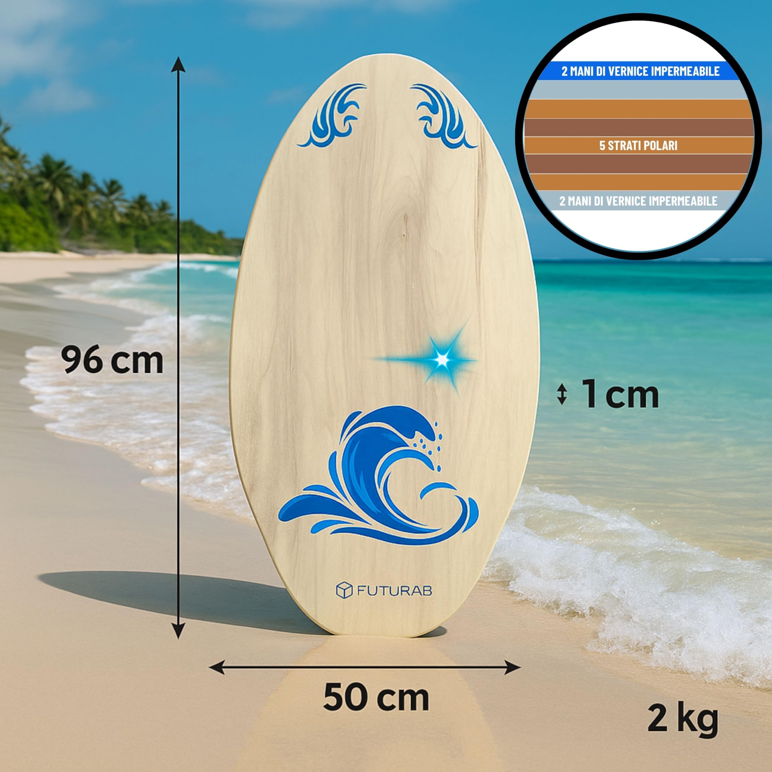 Skimboard Tavola in Legno FUTURA8 Antiscivolo Resistente all’Acqua – Tavola Skimboard Leggera per Adulti e Principianti – Skimboard Spiaggia Mare Sabbia Bagnata Onde Piccole