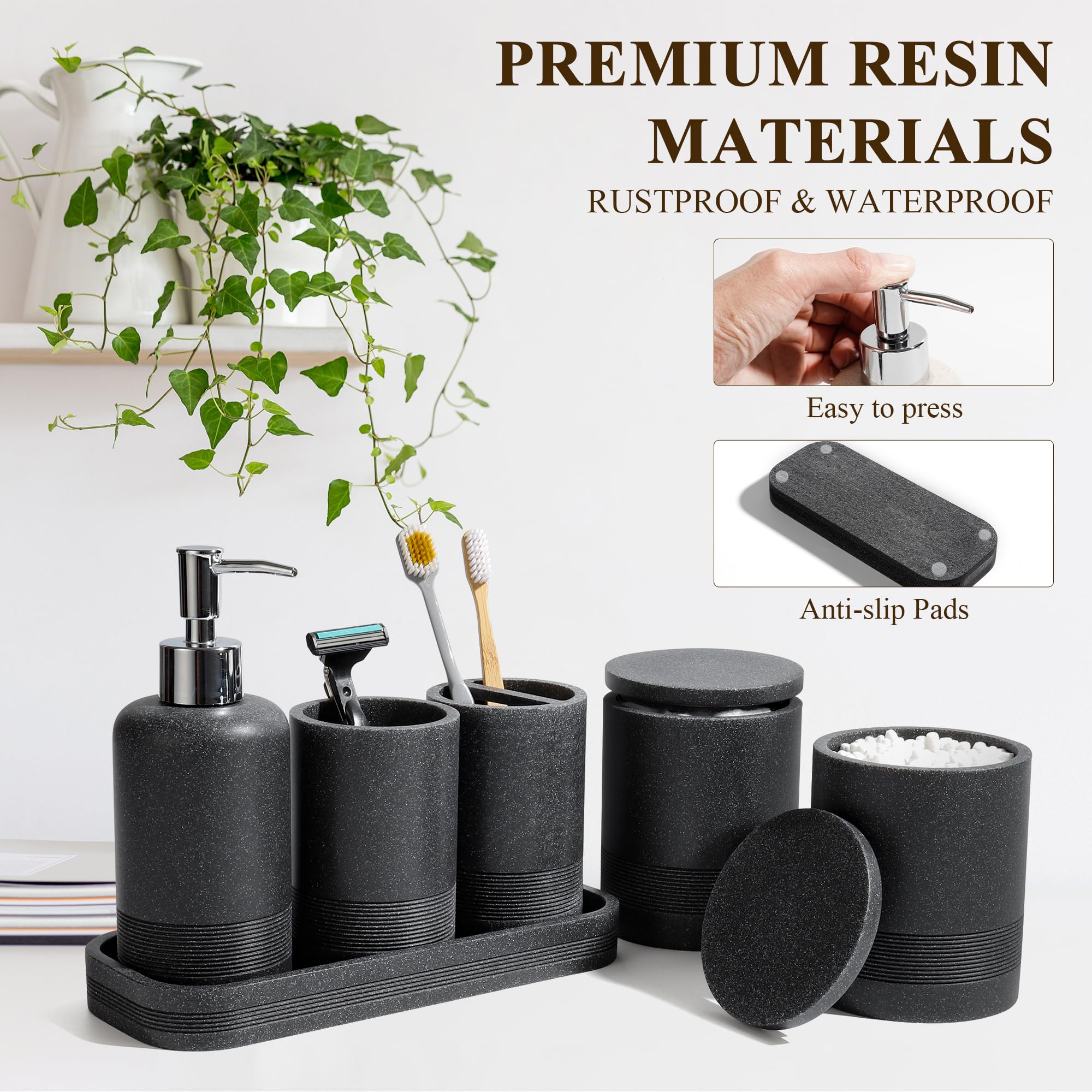 YMXYJM Juego de accesorios de baño, juego de baño de 6 piezas con soportes para cepillos de dientes, dispensador de jabón, bandeja de tocador, vaso, tarros de hisopo de algodón, organizador de baño