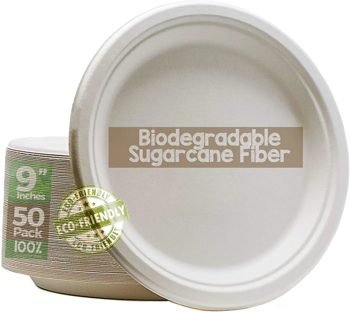 Green Earth, 100% Compostable Paper Plates Natural Bagasse, Sugarcane Fiber, Breakfast Lunch Dinner Biodegradable Recycled Disposable Round Microwave Safe Eco Friendly Heavy-Duty, 9&#34; inches, 50 Pack