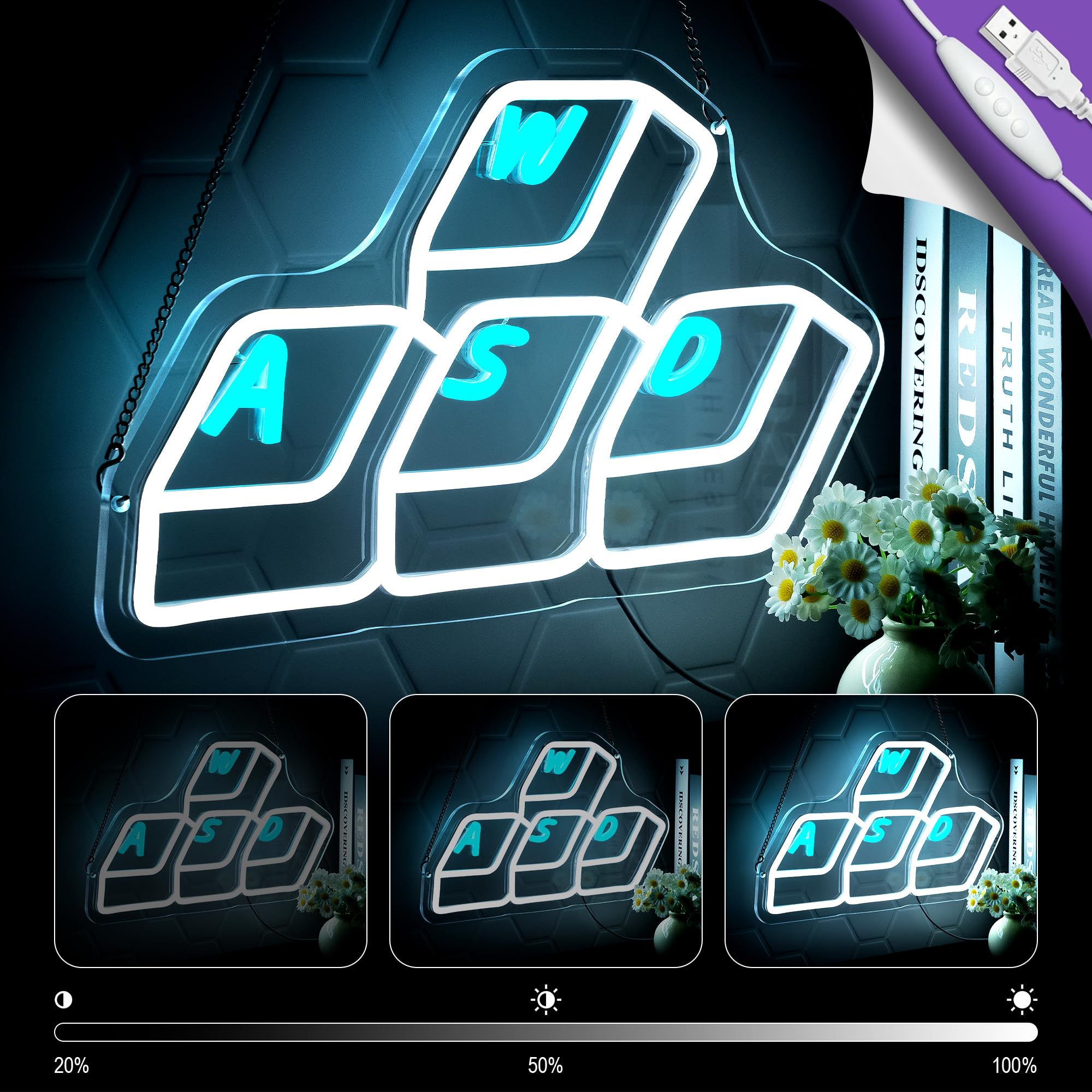 Decorazione da parete per videogiochi, insegna al neon con tastiera per decorazione da parete, accessori per videogiochi, alimentata tramite USB, dimmerabile, LED per stanza dei giochi per adolescenti