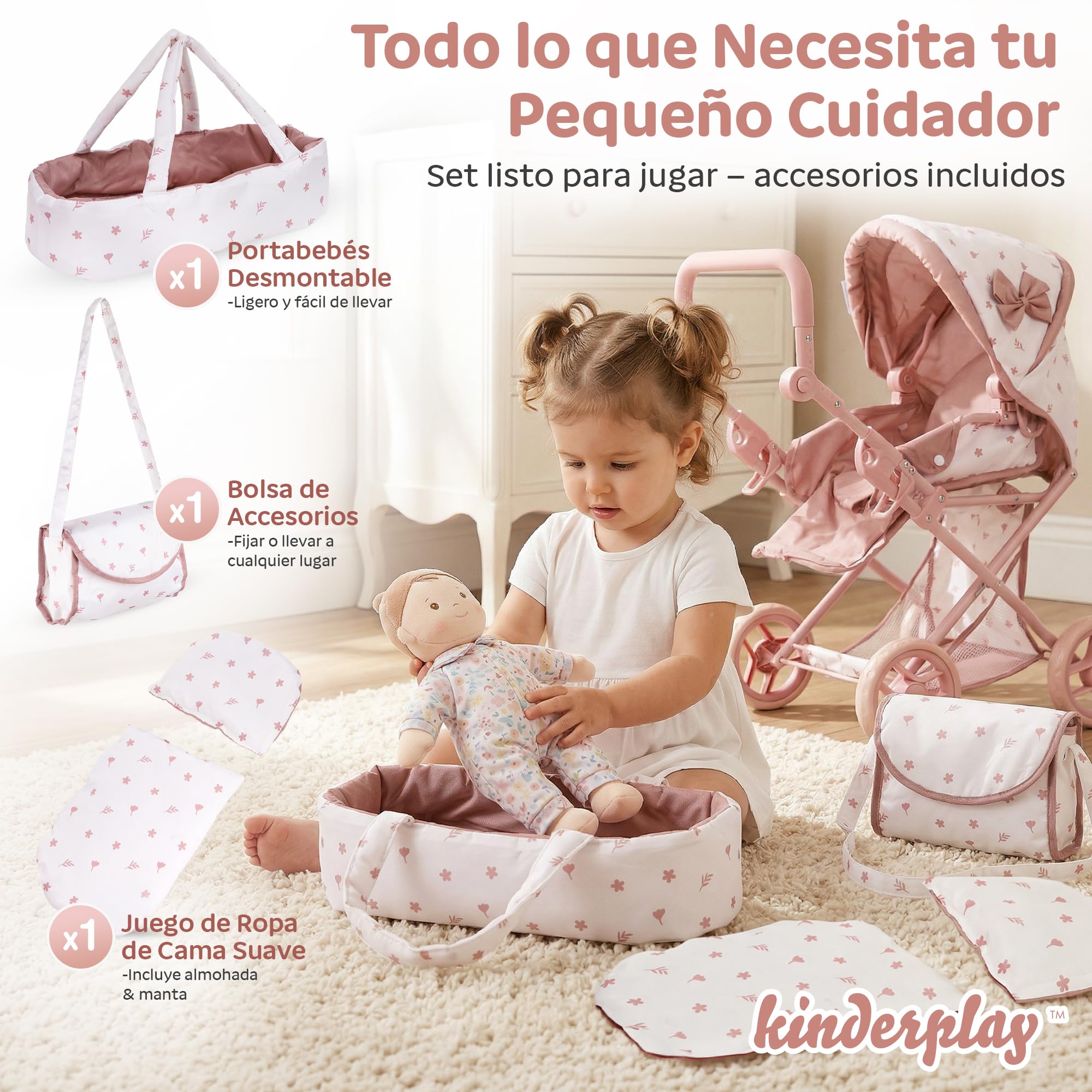 Kinderplay Cochecito de muñecas 3 en 1 Rosa con Bolsa de Transporte – Cochecito de muñeca Ajustable de 36,5 – 64 cm, Plegable, Ruedas de Espuma silenciosas, para muñecas de hasta 40 cm, a Partir de 3