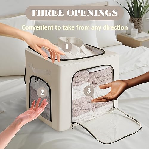 Miniatura 5 de Paquete de 3 contenedores apilables de almacenamiento de ropa de 40L con asas de marco de metal y cremallera, caja organizadora plegable con tapa