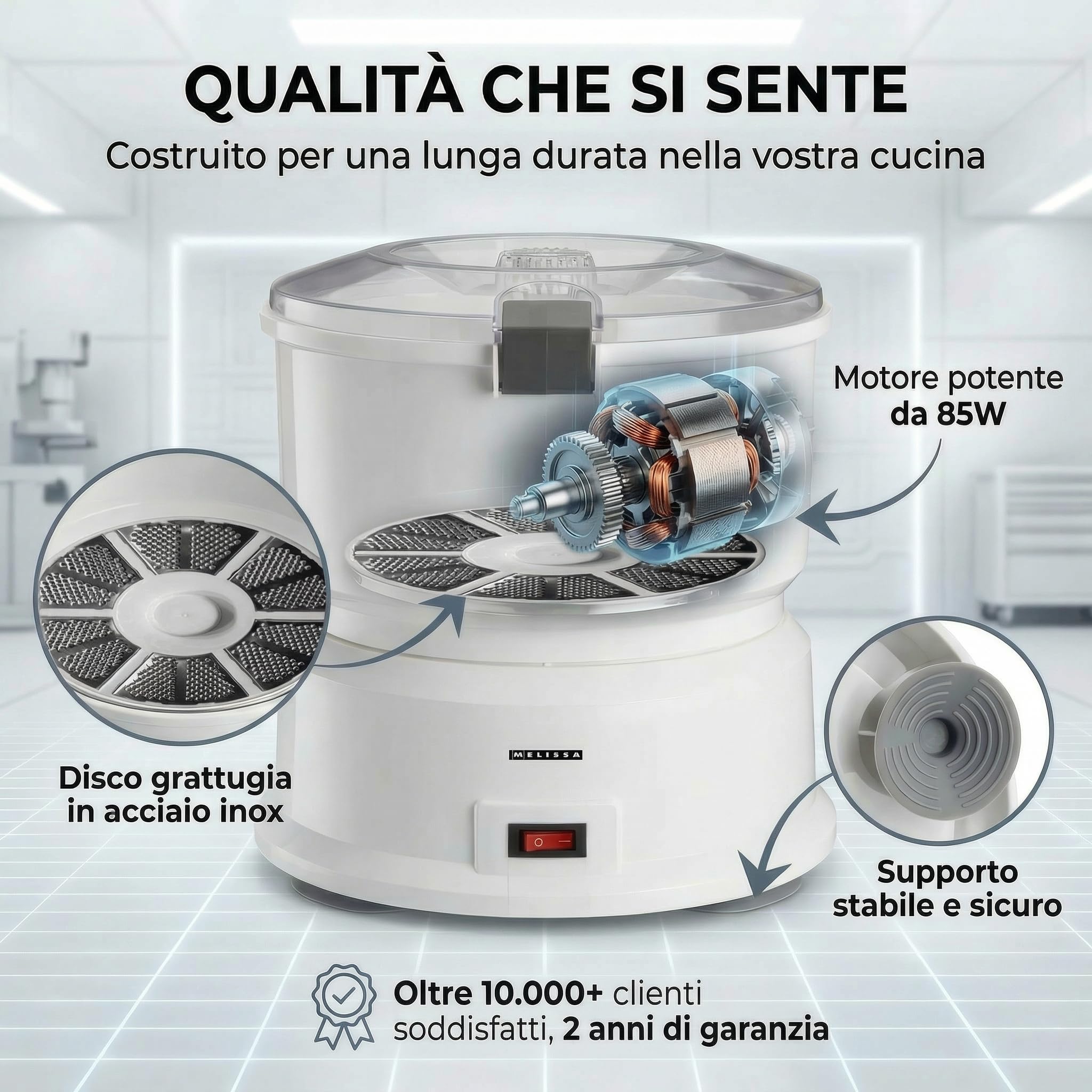 MELISSA 16220008 Pela Patate Elettrico, Pelatore Elettrico - capacità 1 kg, con centrifuga per insalata, 85 Watt, colore - Bianco | Pelapatate con centrifuga per insalata e verdure, capacità 1 kg, 85 Watt, bianco