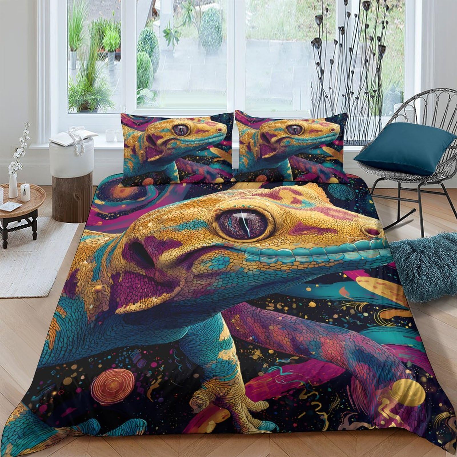GPLZQXKJNH 3D Printed Colorful Gecko Duvet Cover Microfiber Soft Breathable Lizard Quilt Cover Set with 2 Pillowcases for Bedroom Decor Single（135x200cm）