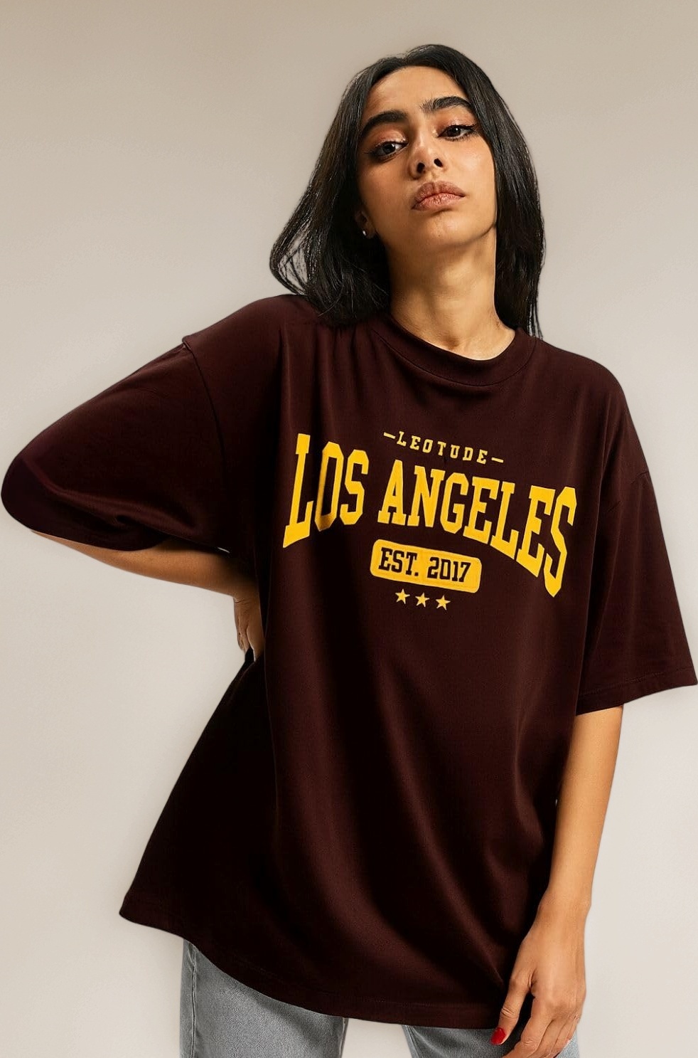 Women's Oversized Cottonblend Half Sleeve Drop Shoulder Printed Tshirt (Color Brown)