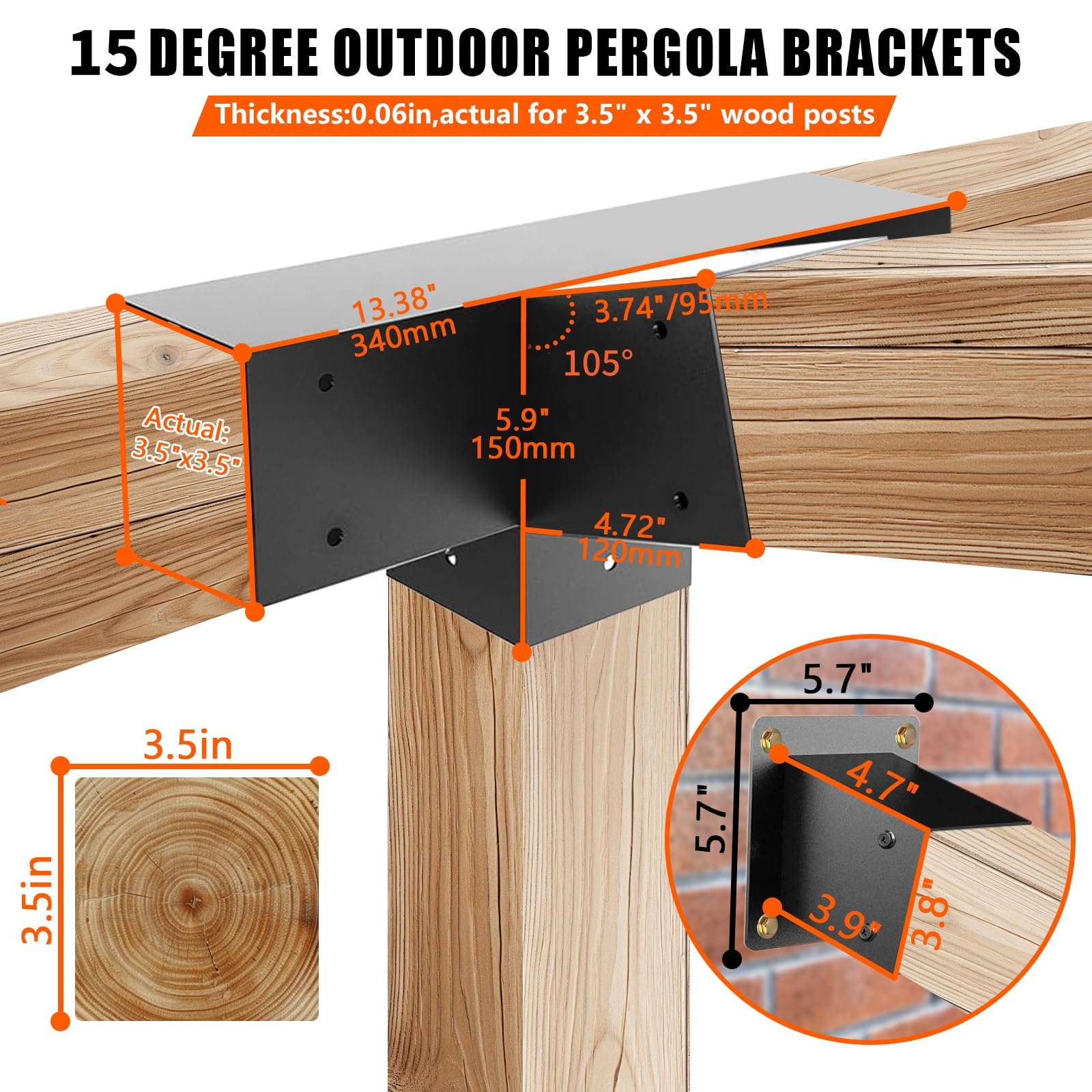 Kit di staffe per pergola a tetto inclinato a 15°, staffa angolare a 4 vie ad angolo retto con base per montaggio a parete per 4 x 4 (attuale: 8,9 x 8,9 cm) legname per pergolati, gazebo,