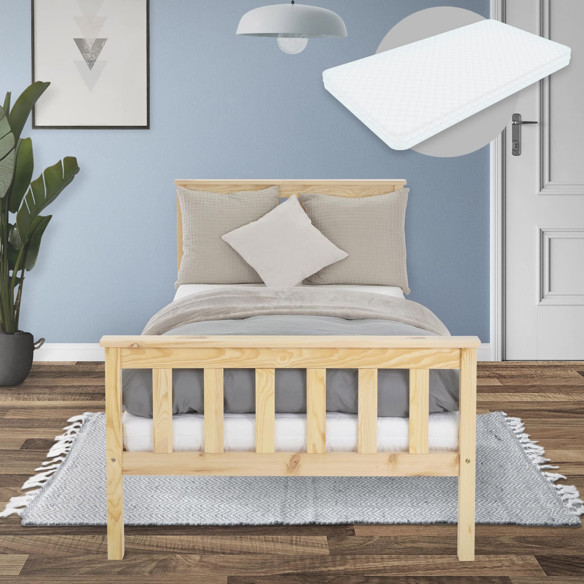 ML-Design Holzbett 90x200 cm Natur – incl. Matratze (10 cm), Kiefernholz, Bettgestell mit Lattenrost & Füßen, Kopf- und Fußteil