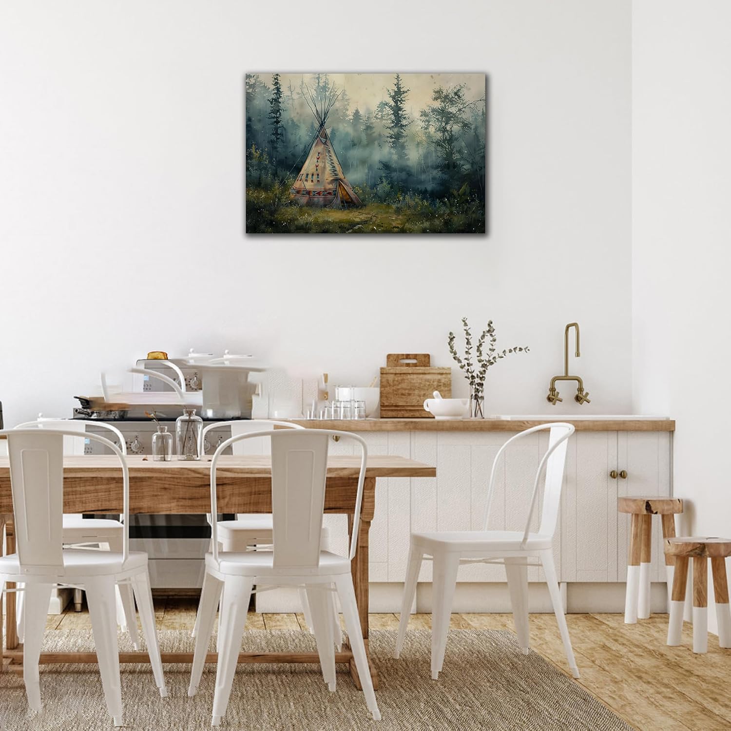 GUTTATY Native American Wall Decor for Bedroom - Native American Wolf Wall Art, Indian Tribal Camp Pictures Wall Art for Home Decor, Large Indian Art Canvas Print Framed 28x40''