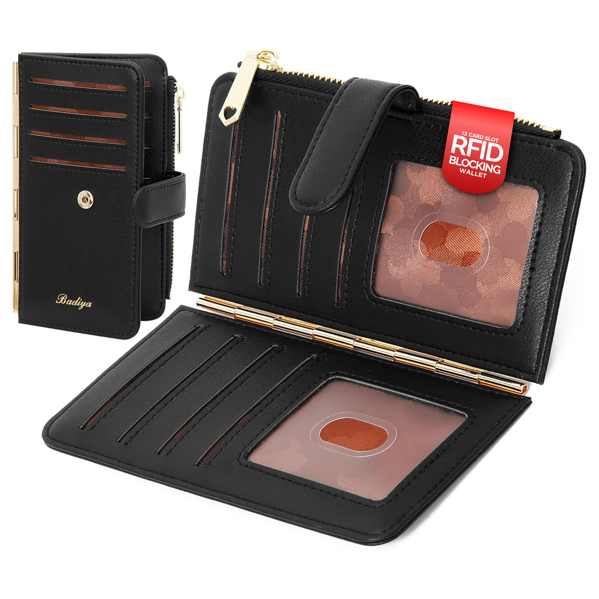 Badiya Credit Card Holder for Women, RFID Wallet Women, Slim Bifold Card Organizer with Multi-Card Case & Zipper Coin Pocket & 3 ID Windows, Travel