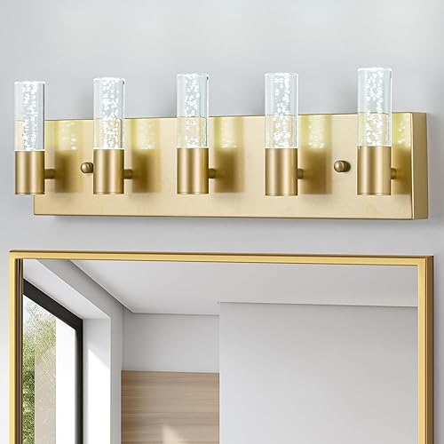 Miniatura 2 de Lámparas de tocador de baño sobre espejo, revestimiento de acabado dorado cepillado, 5 apliques de pared para baño