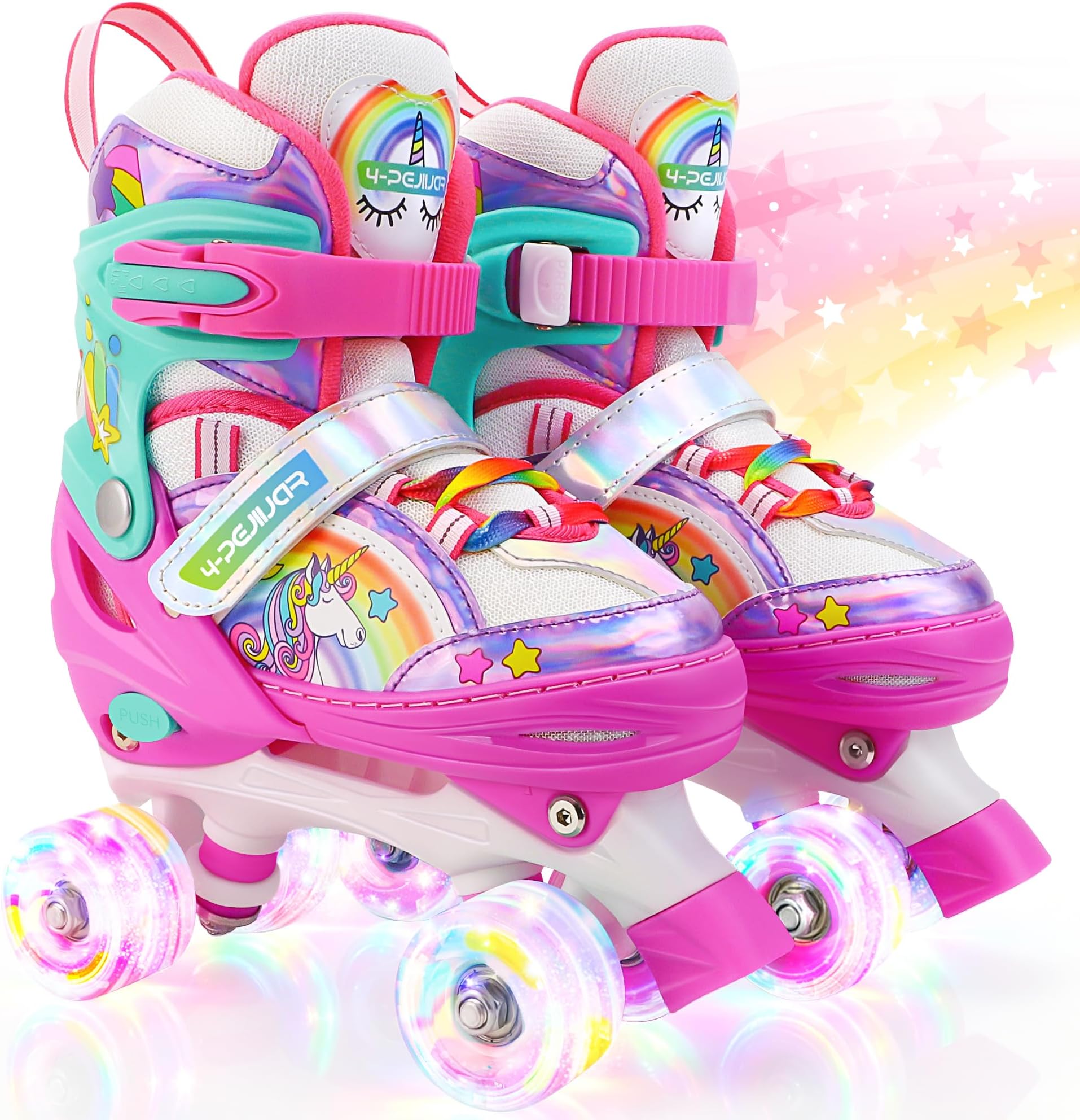 Unicorn Rainbow Kids Roller Skates for Girls Boys Toddler Ages 3-12, Adjustable Beginner Profession Kids Quad Skates, Children's Rollerskates for Birthday Xmas Gifts