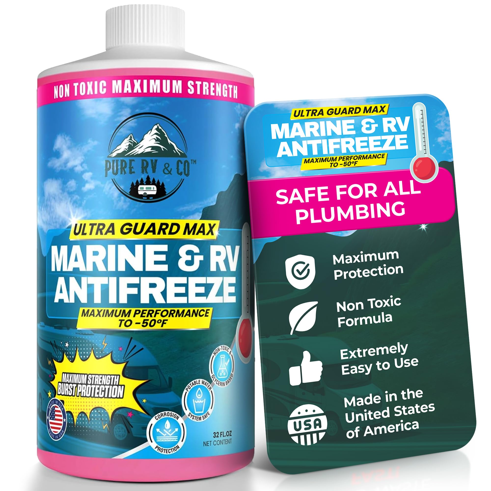 Marine Antifreeze for Use in Pools, Boats, Vacation Homes, and RVs, Visible Pink Formula with -50°F Freeze Protection, Safe Glycerin Formula Ready-to-Use for Winterization, (32 Oz)