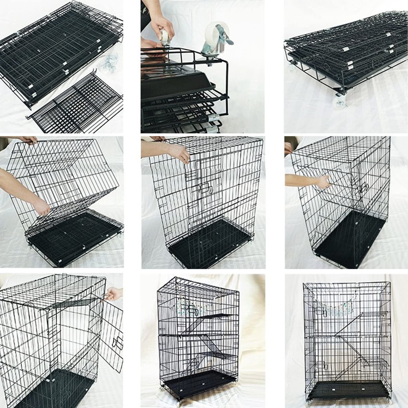Katzengehege Indoor Kitten Transport Metall Hundekäfig Faltbar Transportbox Katze Transportkäfig Auto Tierkäfig mit Bodenschale Gitterbox für Kleintiere(Black,50 * 35 * 41cm-A)