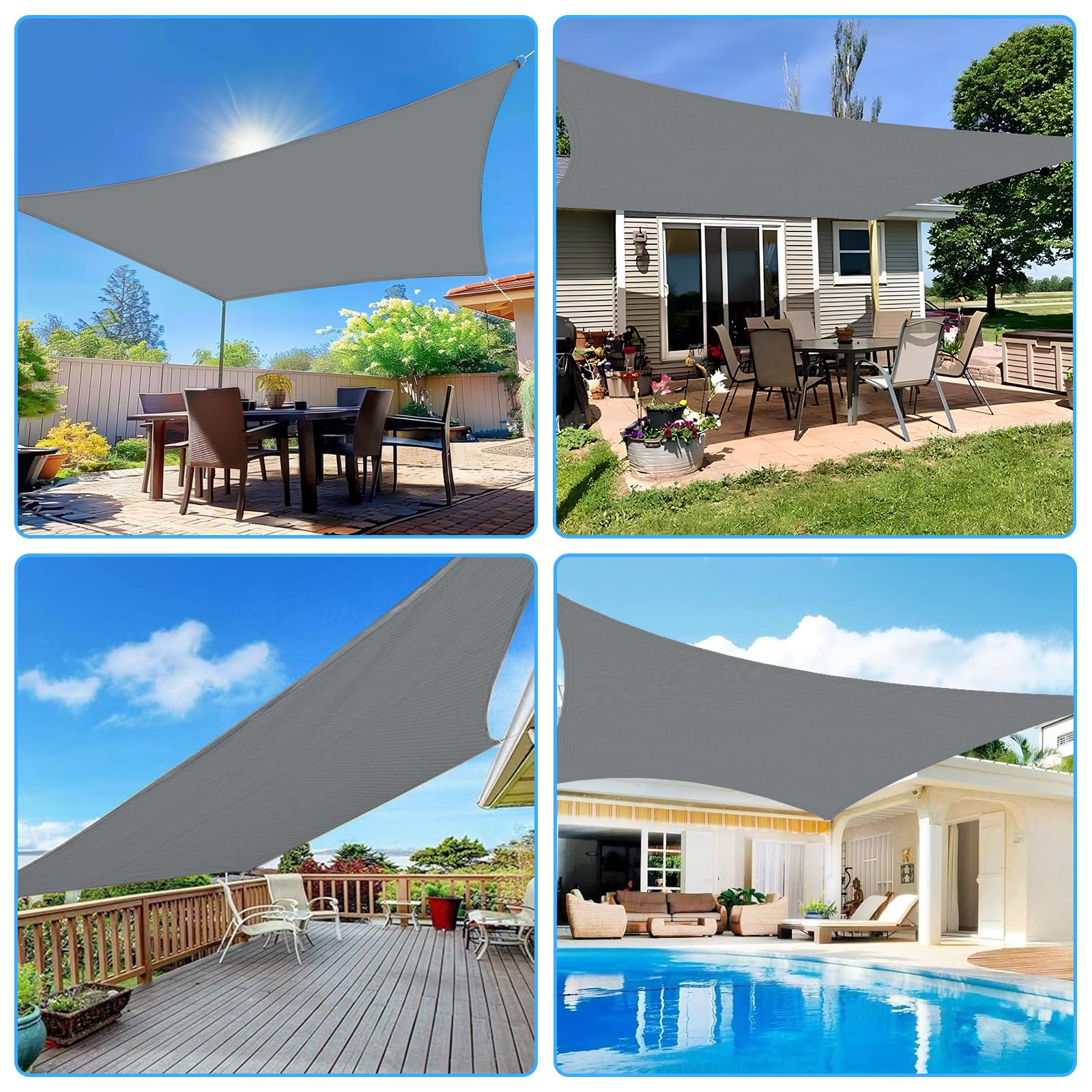 Vela Parasole Impermeabile Dell'ombrellone 4x5m, Tessuto Oxford 420D Vela Ombreggiante, Resistente ai Raggi UV 95%, Vela Ombreggiante per Piscina, Giardino, Terrazza, Parco, Campeggio - Grigio