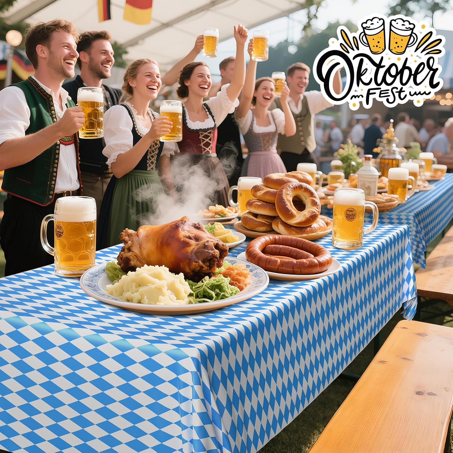 ZYP 5 Pack Oktoberfest Tablecloths, 54 x 108 Inch Blue and White Checkered Tablecloths, Bavarian-Style Plastic Table Covers for Beer Festival Party and Oktoberfest Decorations