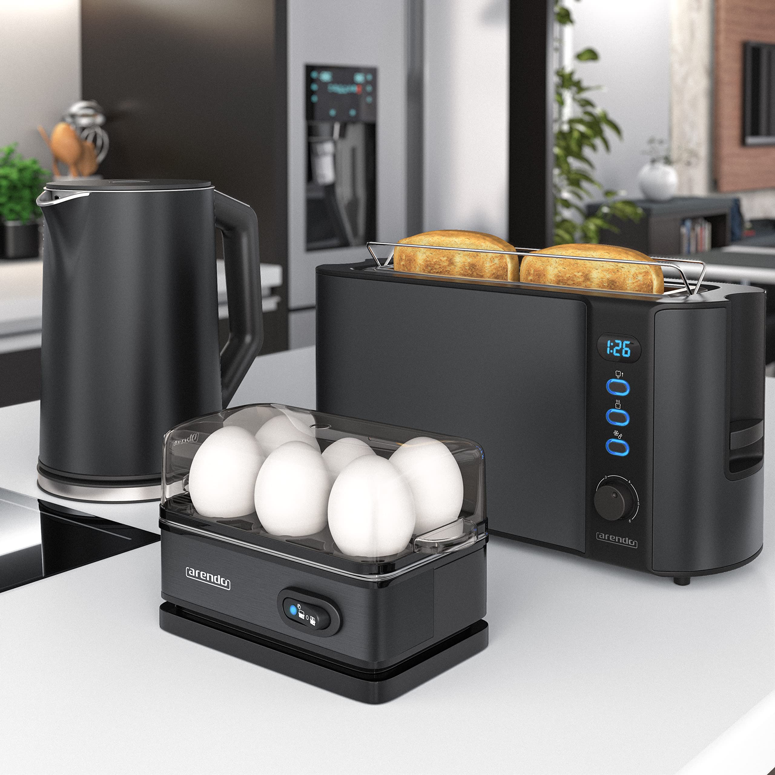 Arendo Wasserkocher Toaster Eierkocher Set Edelstahl Schwarz 1,5L 40-100°C 2 Scheiben LED 6 Bräunungsgrade 1-6 Eier BPA frei