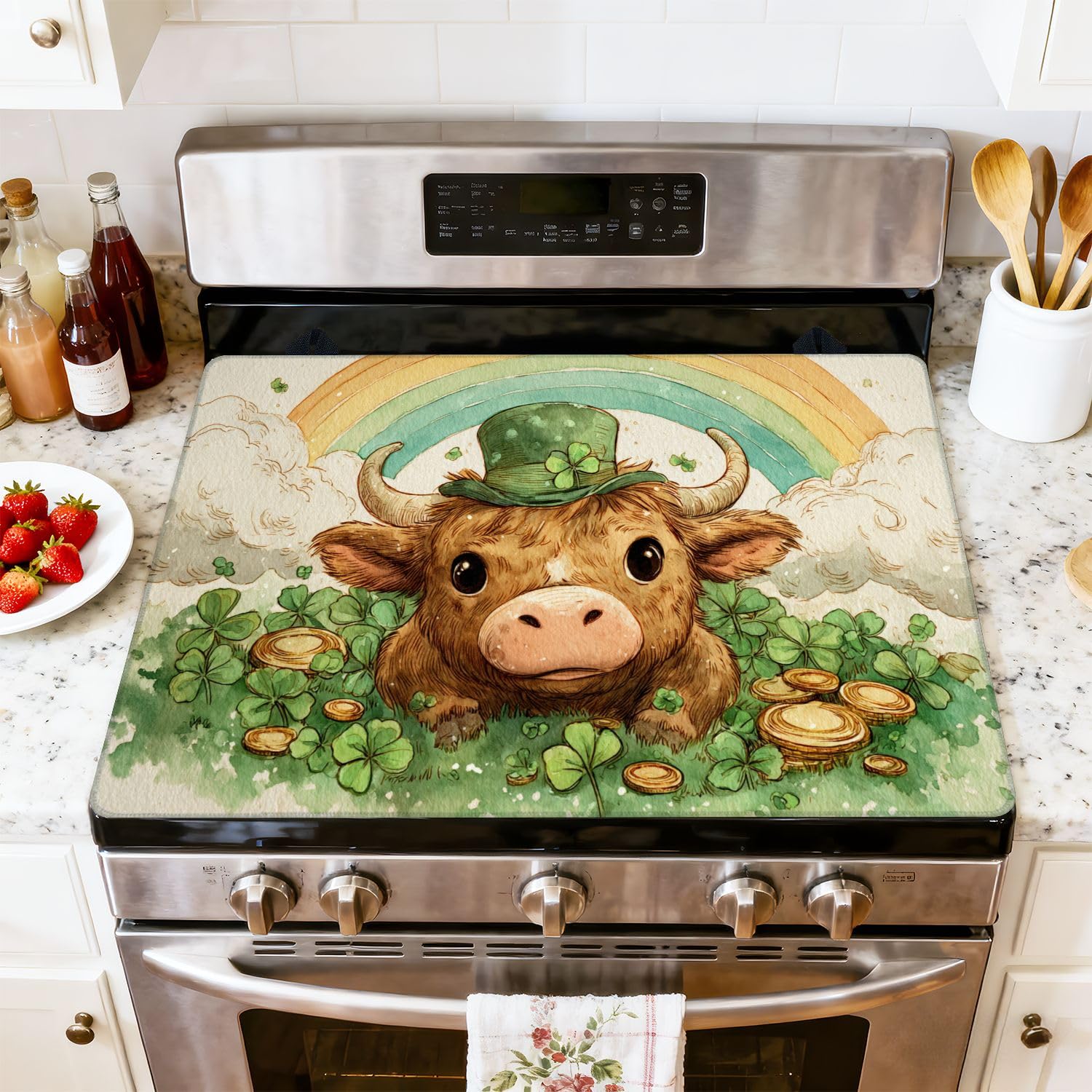 Stove Top Cover for Electric Stove Adorable Highland Cow Green Top Hat Lucky Coins Heat Resistant Glass Cooktop Protector Flat Top Oven Cover Mat Prevent Scratching 28" x 20"