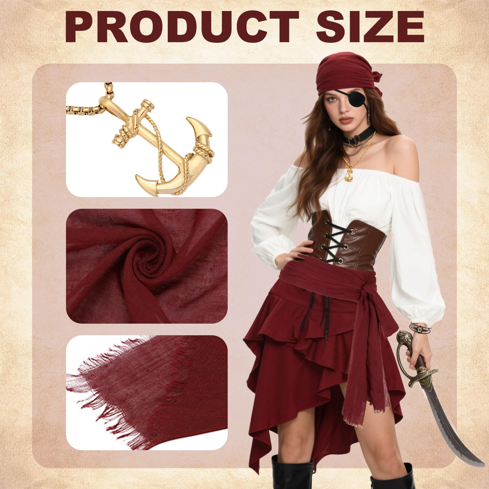 YAUOIPI 4 Pcs Pirate Costume Accessories Set, Vintage Medieval Captain Pirate Fancy Dress kit, Bandana Sash Belt - Image 3