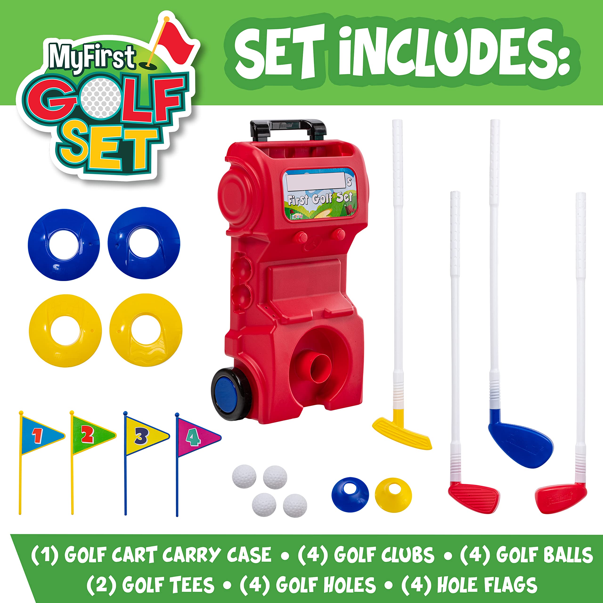 Franklin Sports Kids Toy Golf Set - MyFirst Plastic Golf Clubs + Balls Set for Kids + Toddlers - Mini Toy Righty + Lefty Golf Club Set - Includes Carry Case, (4) Balls + (4) Holes, Red - Image 2