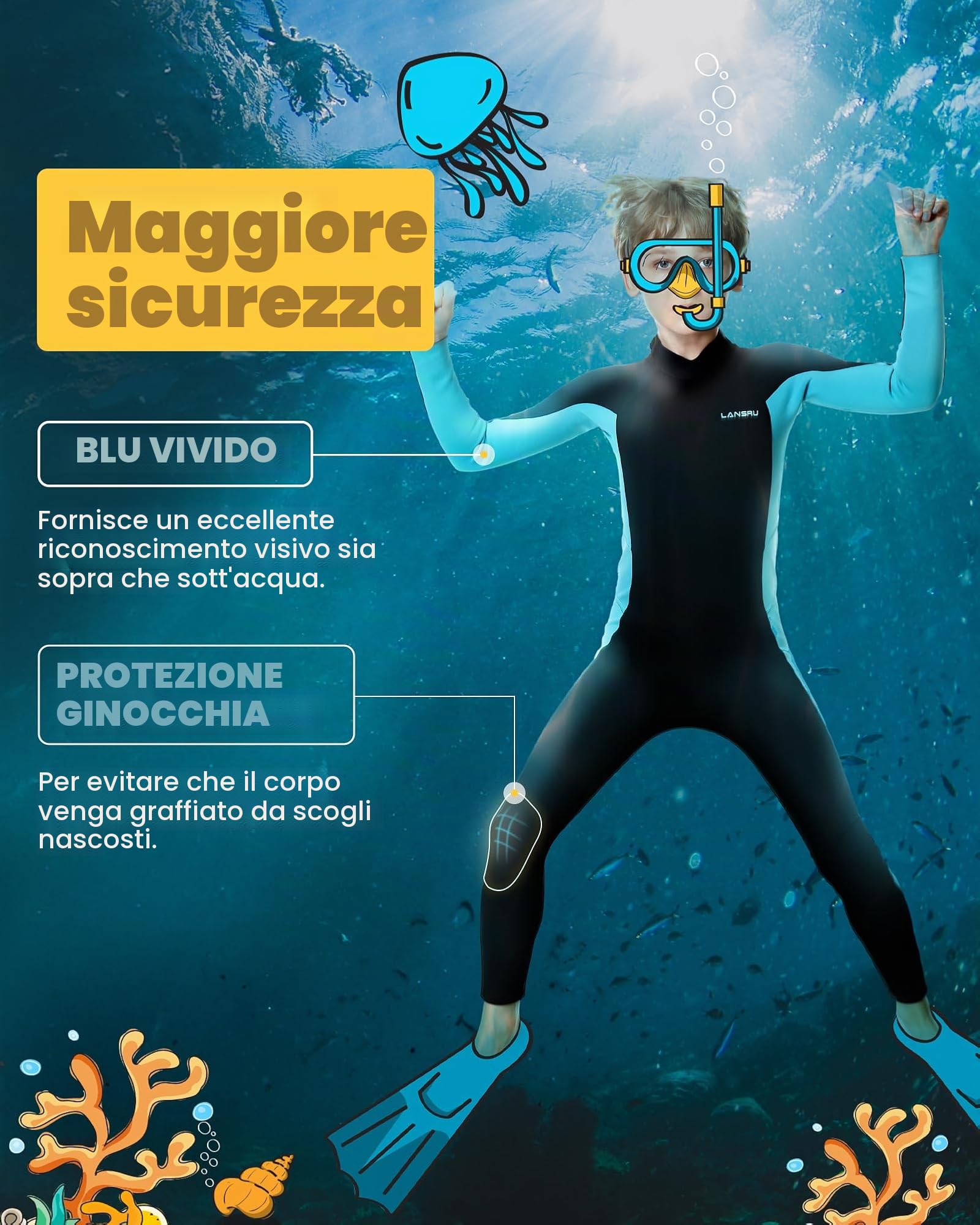 Muta in neoprene per bambini – 2,5 mm SCR, tuta corta sicura con protezione UV, cerniera anteriore obliqua, mantiene gli adolescenti caldi in acqua fredda