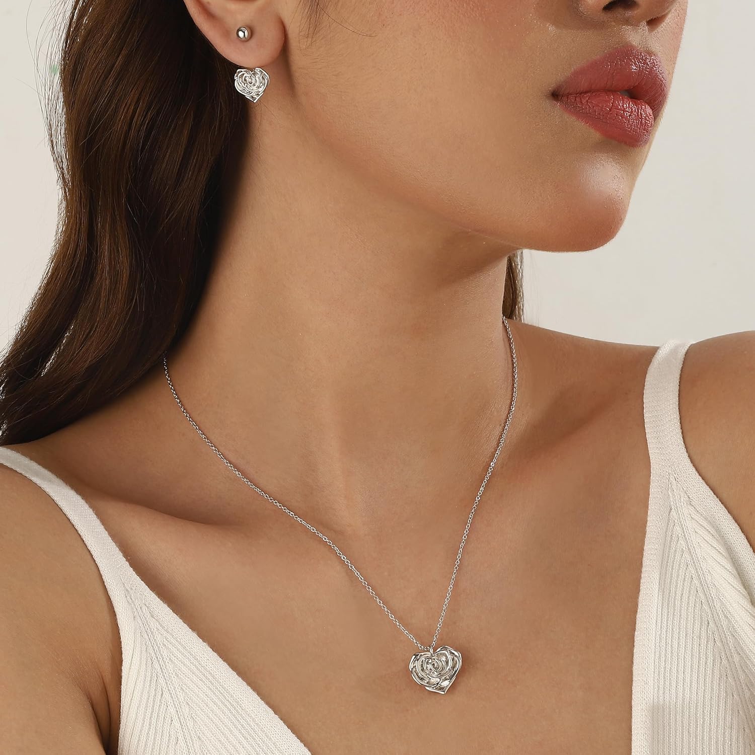 beautlace Rose Heart Necklaces/Stud Earrings Silver/Black Gun Plated Flower Love Heart Pendant/Earring Elegant Jewelry Gifts for Women - Image 2