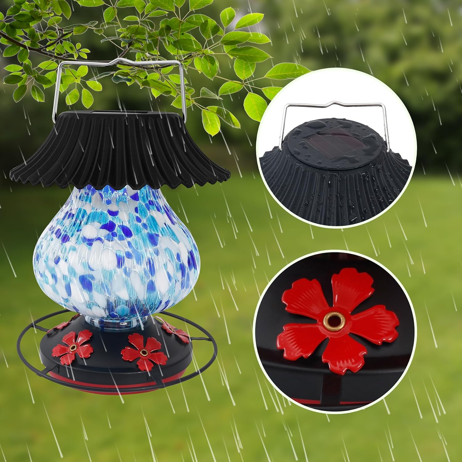 Solar Hummingbird Feeder-5 Feeding Ports with Perch, Hand Blown Glass Blue White Color Changing - Never Leak, Multicolor Night Lights – Perfect Hummingbird Feeder for Outdoors for Nature Enthusiasts
