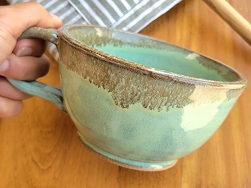 Miniatura 10 de Farmhouse Style Soup Bowls with Handles Set of 2 Deep Large - Hanging Kitchen Chowder Mugs - Handmade Pottery Decor (Variegated Blue)