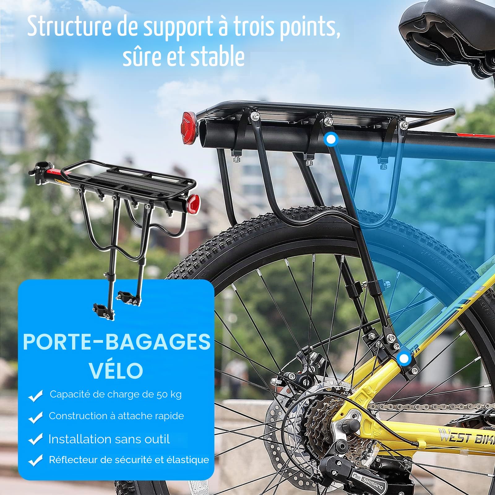 West Biking Porte-bagages pour VTT - Porte-bagages stable pour VTT - Robuste - En aluminium - Montage facile - Charge maximale : 50 kg