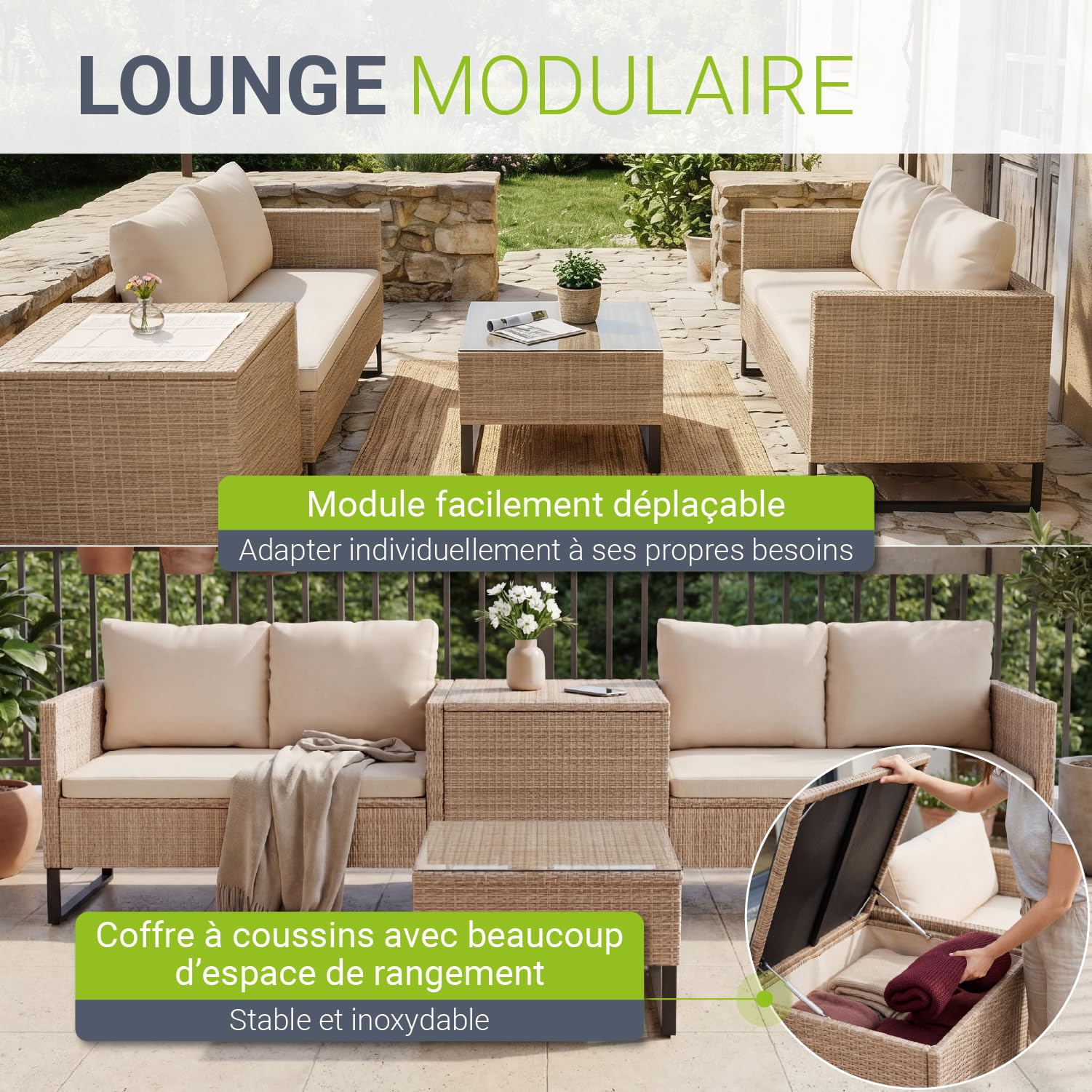 Juskys Coin Lounge extérieur Santorini en polyrotin - Salon de Jardin avec Table Basse et Coffre à Coussins - Meubles de Jardin en Imitation rotin résistant aux intempéries - Crème