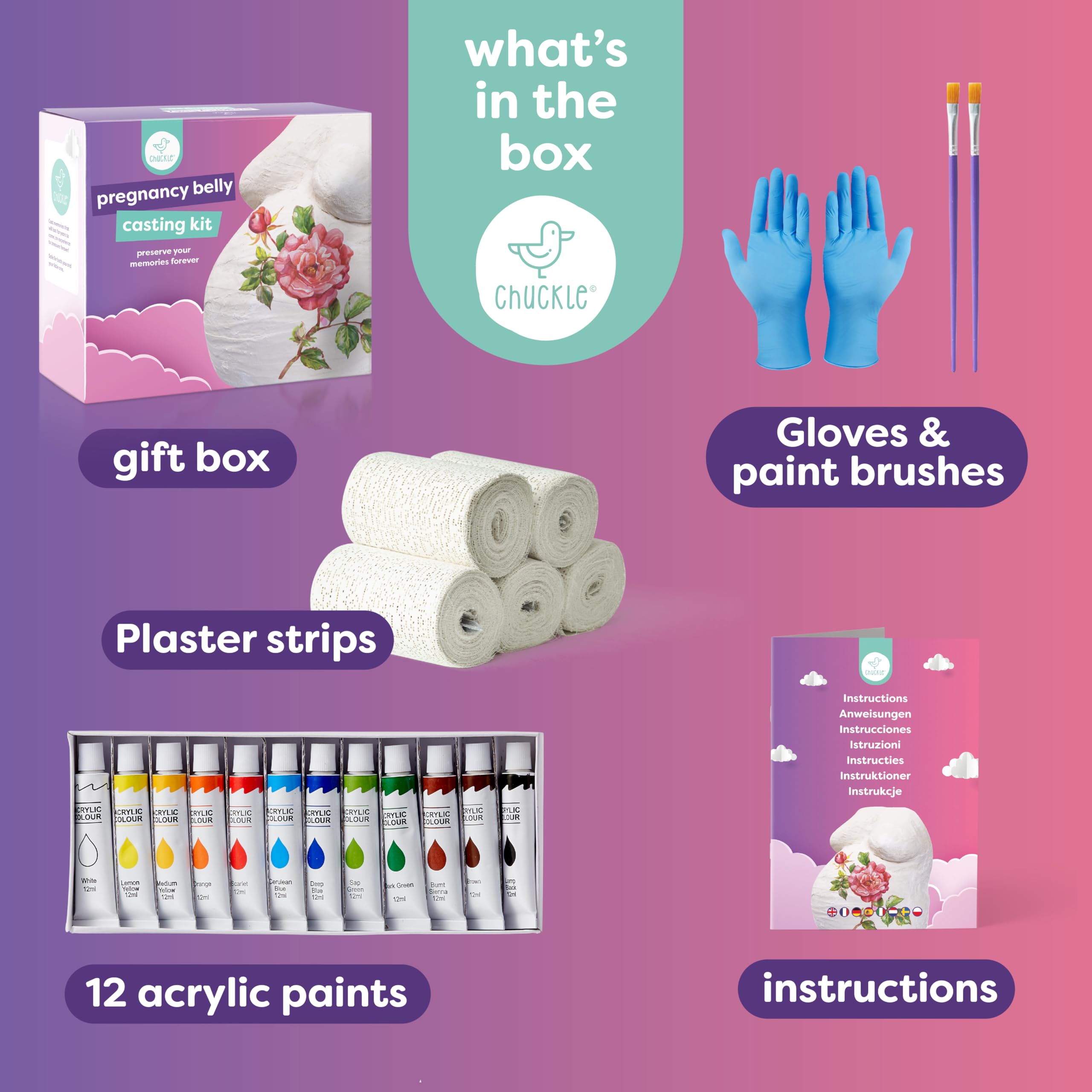 chuckle Kit Complet Moulage Ventre Femme Enceinte en Plâtre | souvenir de grossesse, coffret cadeau future maman, idée baby shower, empreinte 3D à peindre et décorer