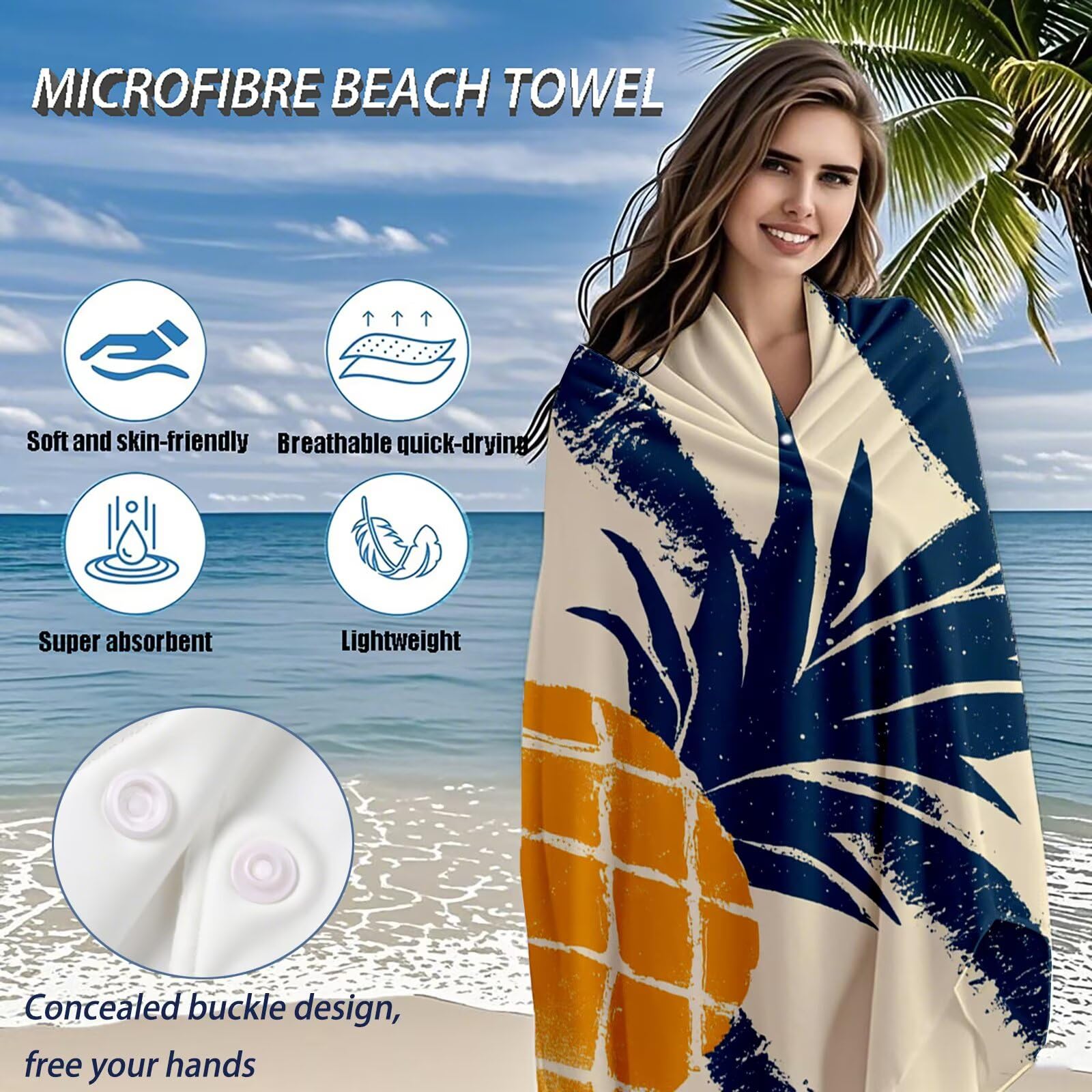 Serviette de Plage Microfibre Serviette Plage 100x220 2 Pack Séchage Rapide, Anti-Sable, Absorbante Fonction drap de plage xxl pour Bain, Sport, Voyages, Sauna, Piscine, Yoga, avec Sac Ananas Q-620