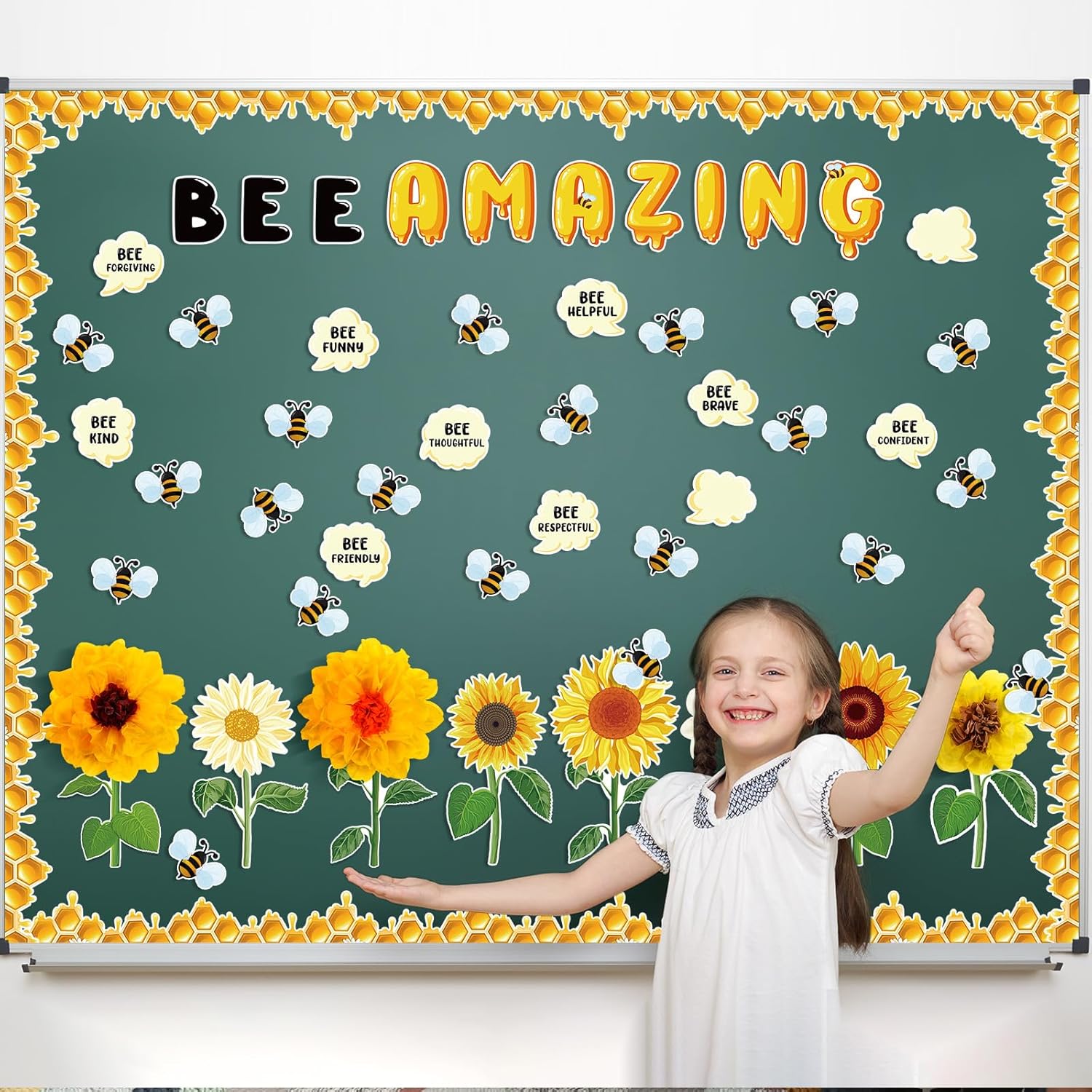 Qilery 103 Pcs Bee Amazing Bulletin Board Sets Cute Bee Honey Bulletin Board Cutouts Borders 3D Sunflower Classroom Bulletin Board Decoration for Spring Summer School Chalkboard Wall Door Decor