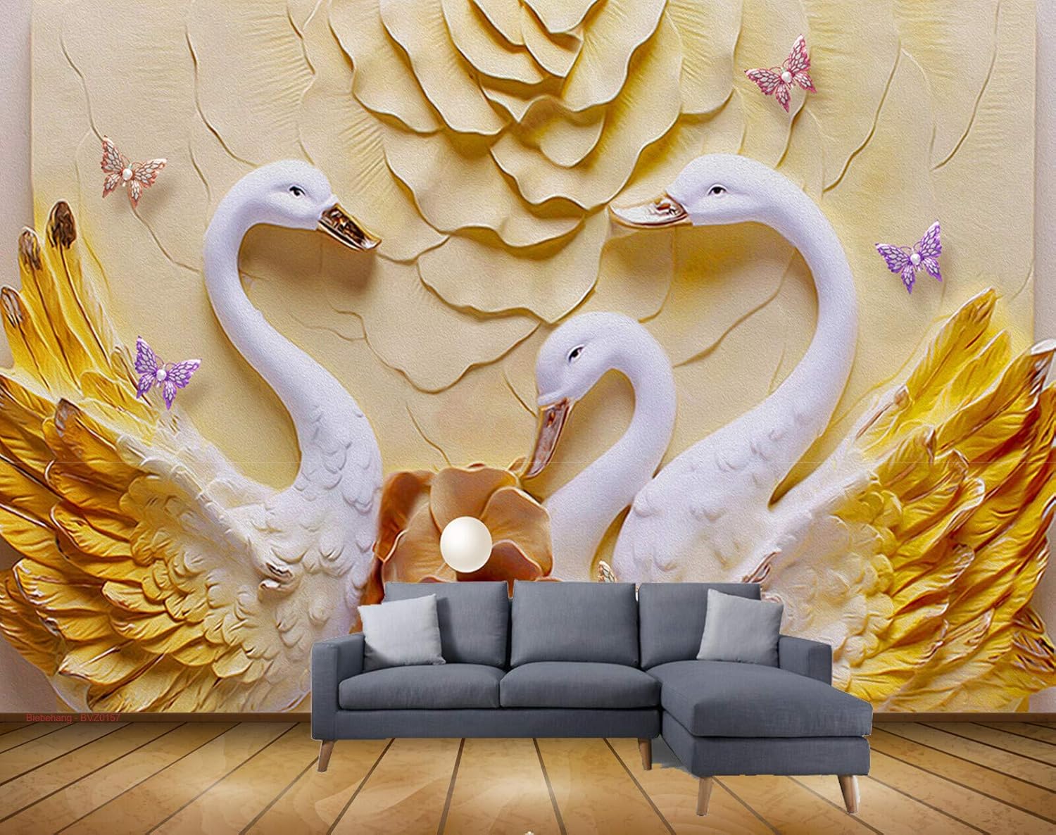 Exclusive BVZ0157 Modern Beautiful Love Butterfly Swan Embossed Tv Background Wall HD 3D Wallpaper(152 cm x 121 cm)