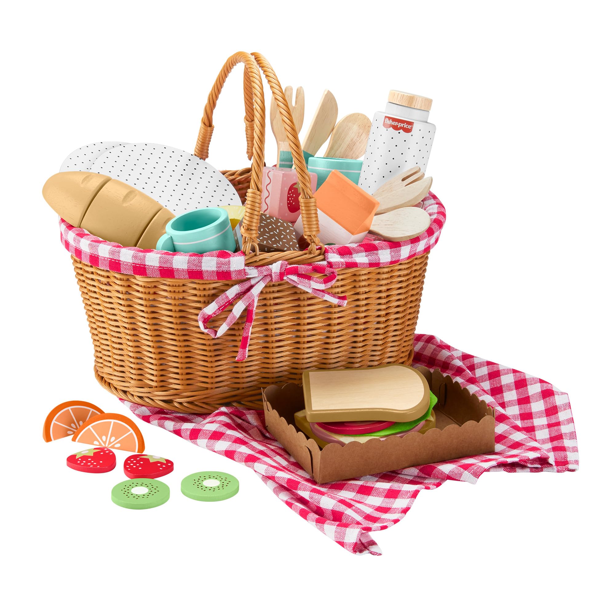 Fisher-Price Kosz piknikowy Zestaw drewnianych zabawek 31 elementów z motywem jedzenia, dla dzieci od 3 roku życia, HXT81