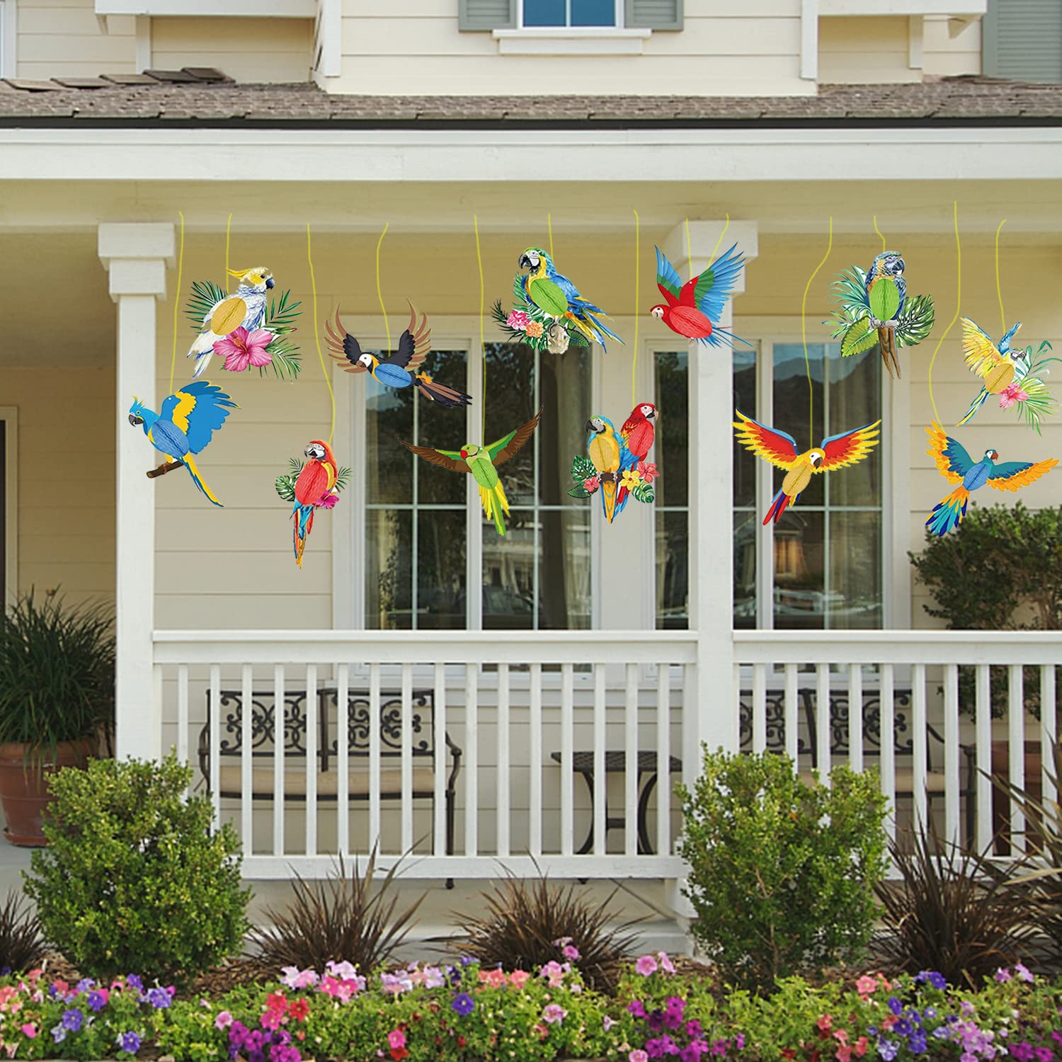12 Pièces Décorations Perroquets Tropicaux En Nid D'abeille + éventails - Thème Hawaïen, Plage, été - Avec Corde De 4m