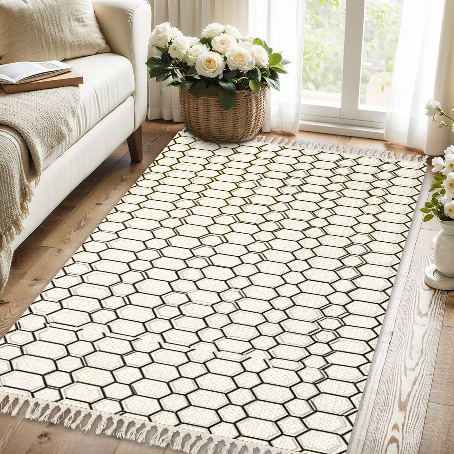 Boho Area Rugs Black Honeycomb bees cells pattern Bee honey shapes geometric seamless Washable Rug Nursery Rug Girl Softness Non Slip Nursery Rugs