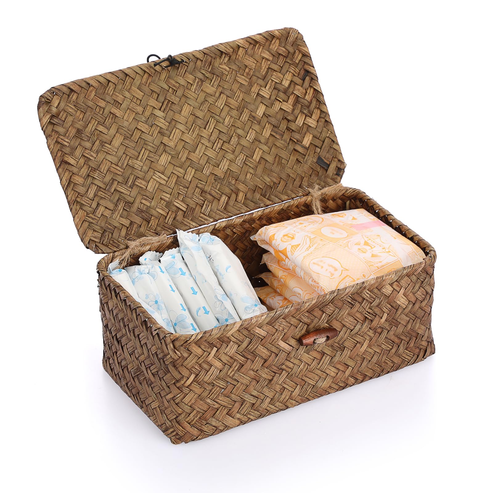 Sumnacon Small Wicker Basket with Lid Rectangle Woven Baskets for Toiletries Tampon Storage,Wicker Storage Basket with Lid,Decorative Seagrass Storage Baskets for Shelf Bathroom Toilet Table, Coffee