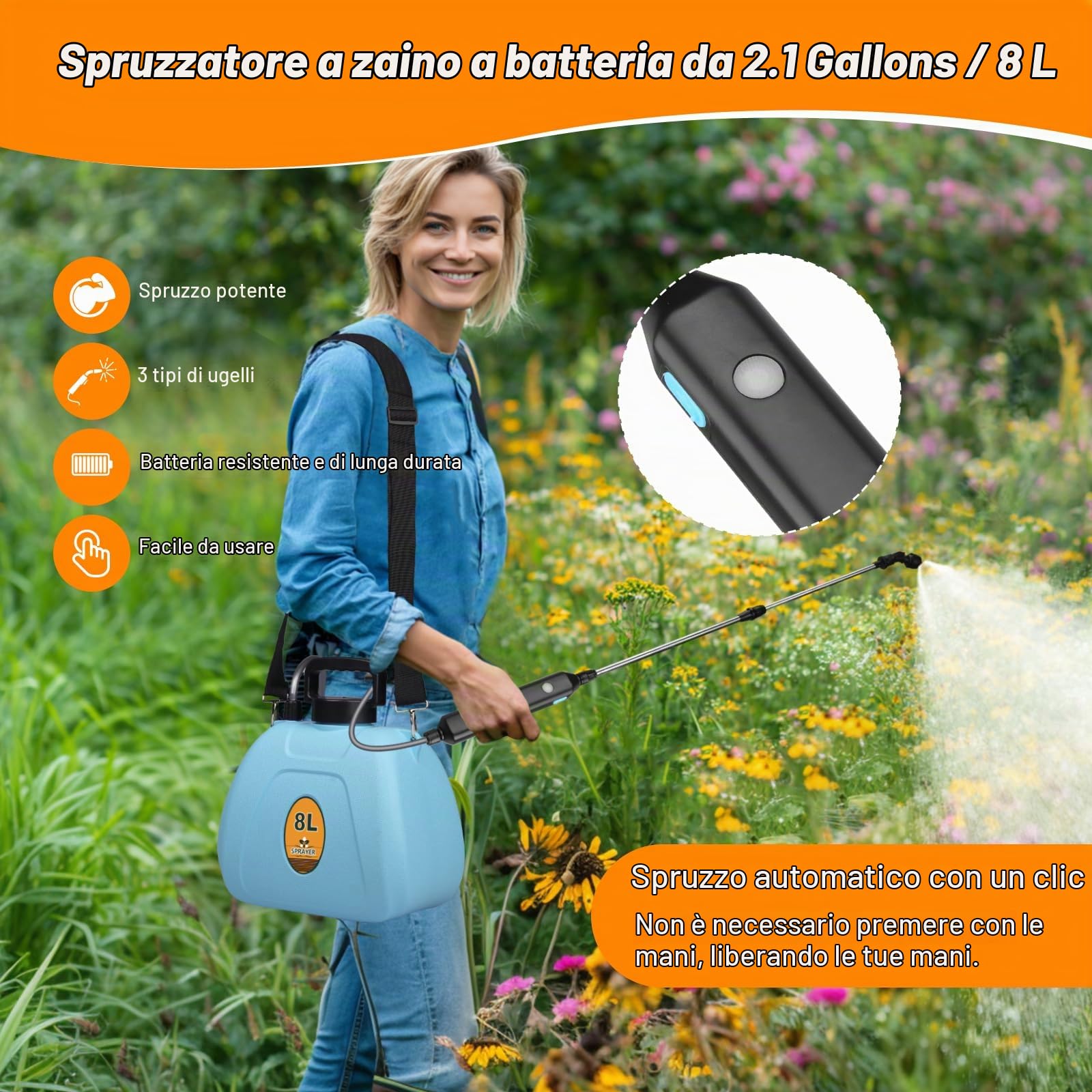Nebulizzatore Giardino a Batteria 8L, Spruzzatore Elettrico a Pressione con Lancia Telescopica e 3 Ugelli, 1500mAh Ricaricabile per Diserbo, Irrigazione, Disinfezione, Pulizia Tetto e Auto
