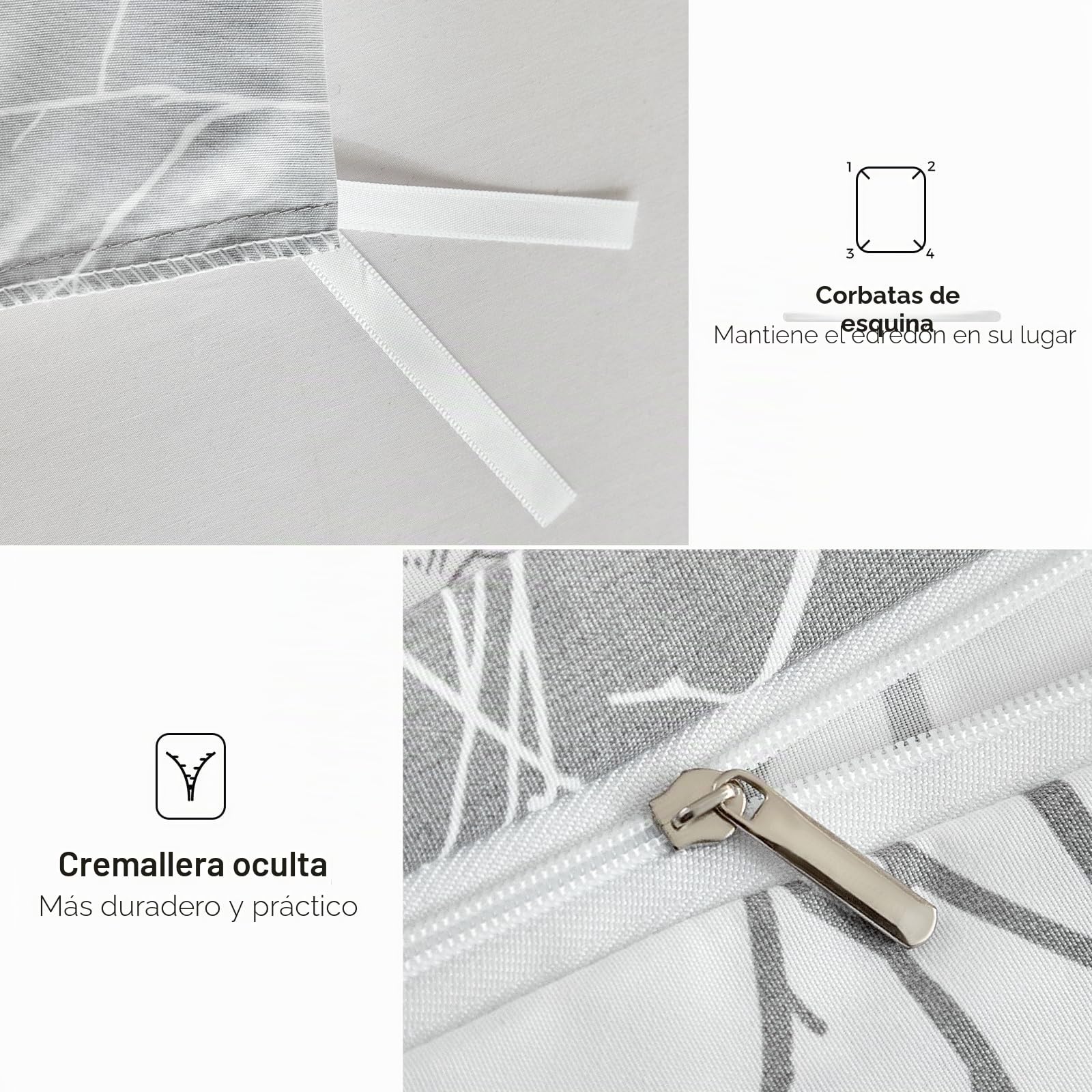 Tokokimo Juego de cama de 4 piezas, funda nórdica de 220 x 240 cm + sábana bajera ajustable de 160 x 200 cm con 2 fundas de almohada de 65 x 65 cm, color gris y blanco