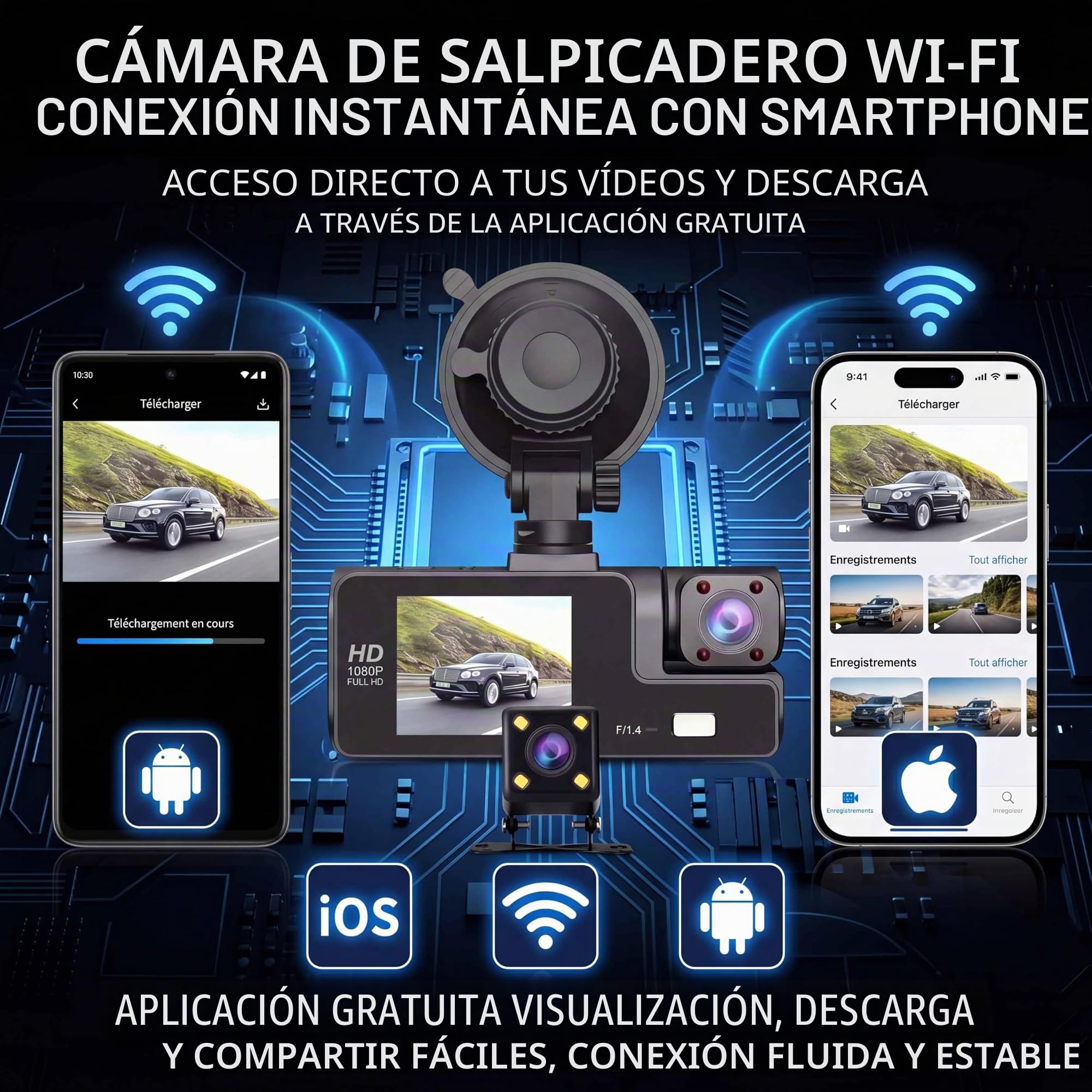 Cámara Dashcam de 3 cámaras 1080P Full HD | Máxima seguridad 360° sin Ángulo Muerto, Visión Nocturna y estacionamiento vigilado, WiFi integrado detección de Movimiento, Ideal para Conductores VTC y