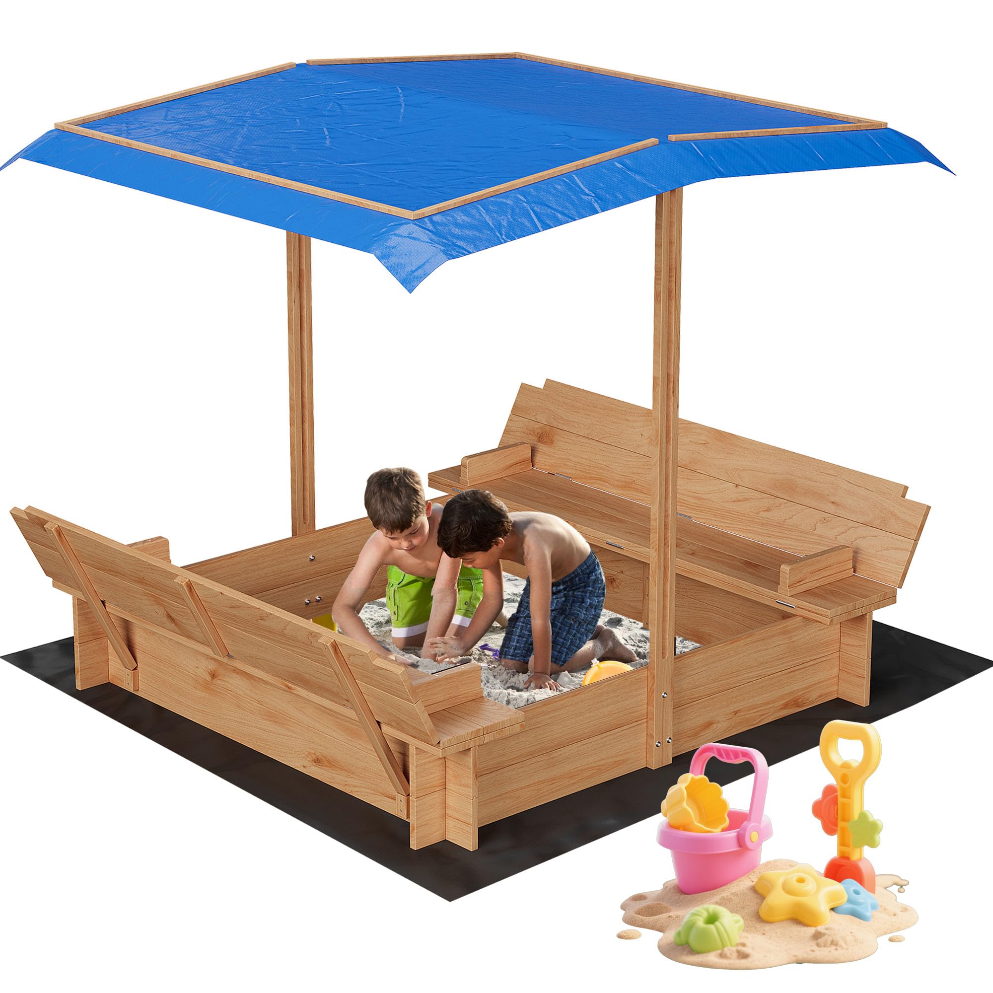 Wooden Sandbox with Lid＆Cover, Outdoor Sand Box with 2 Bench Seats, Bottom Liner, Adjustable Height & Rotatable Canopy for Ages 3-8, Spacious Kids